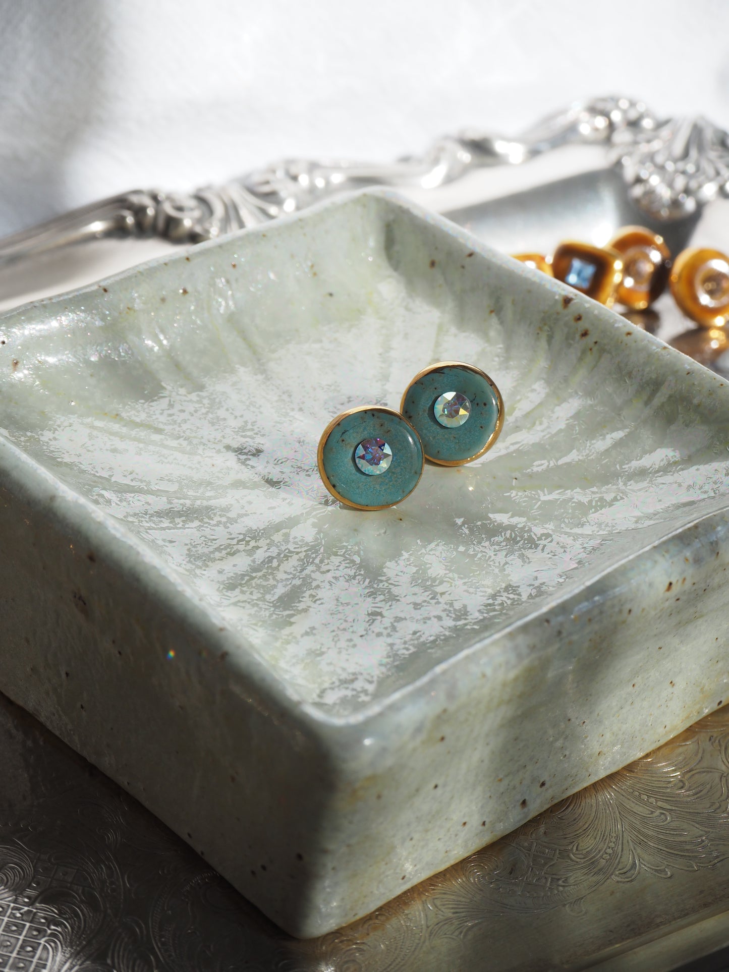 “Bigger Supernova” Speckled Aqua Large Handmade Porcelain Studs with 24k Gold lustre rims and an Swarovskis Crystal