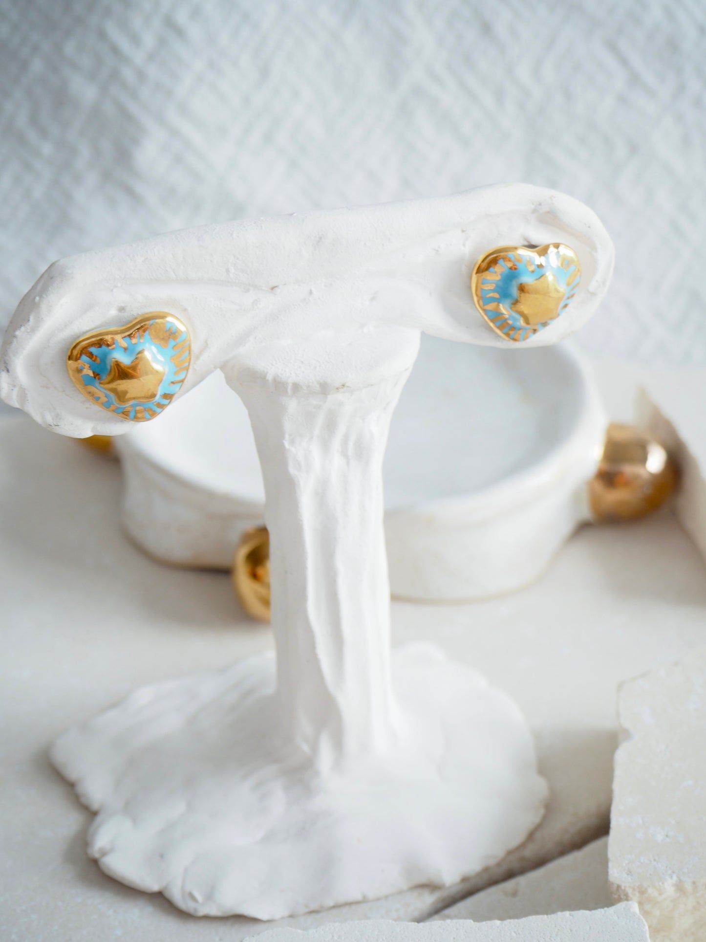 Small Handmade Porcelain Heart Stud coloured with “Sky Blue” glaze with 24k Gold lustre details and Gold center Star