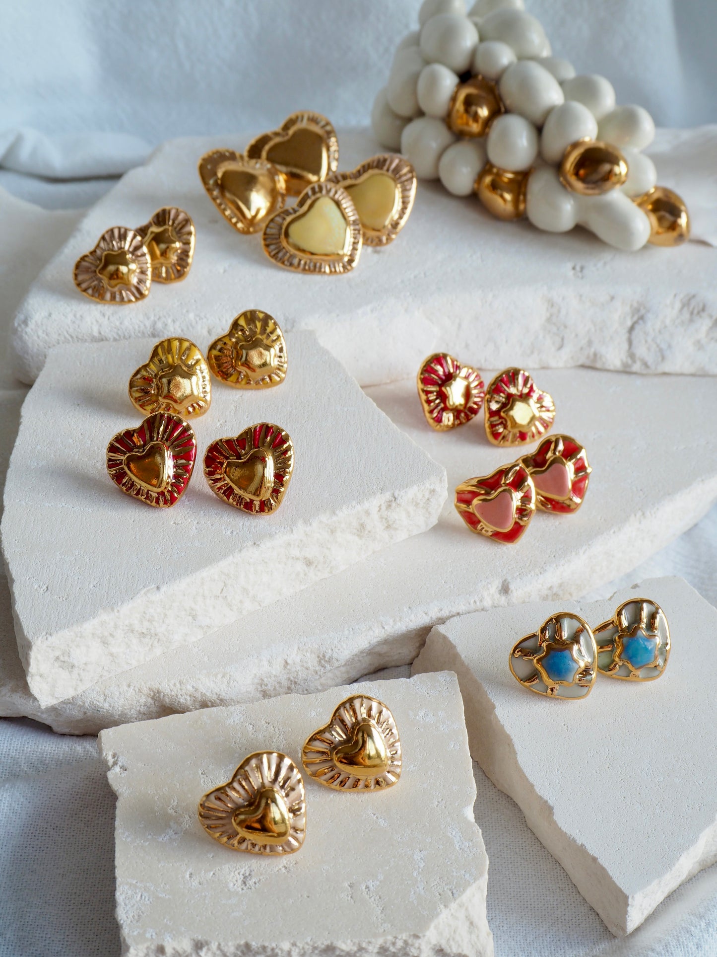 Large Handmade Porcelain Heart Stud Earrings coloured with Parchment and Light Yellow glossy glaze & 24k Gold lustre details
