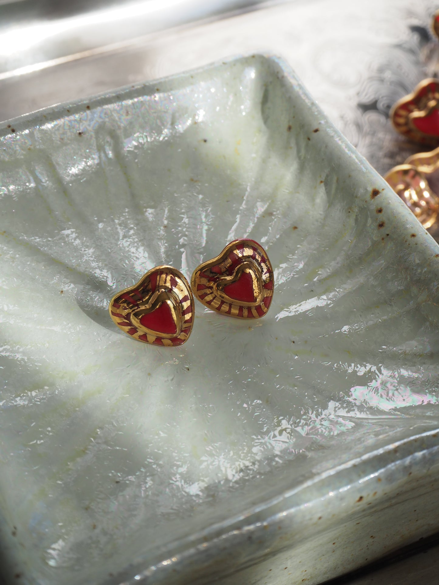 Small Handmade Porcelain Heart Stud coloured with “Bright Red” glossy glaze with 24k Gold lustre rays (Second Pair in Red)