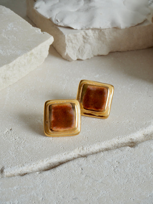 “il Quadrato” Medium Handmade Porcelain Studs coloured with “Light Brown&Orange” glossy glazes with 24k Gold lustre details