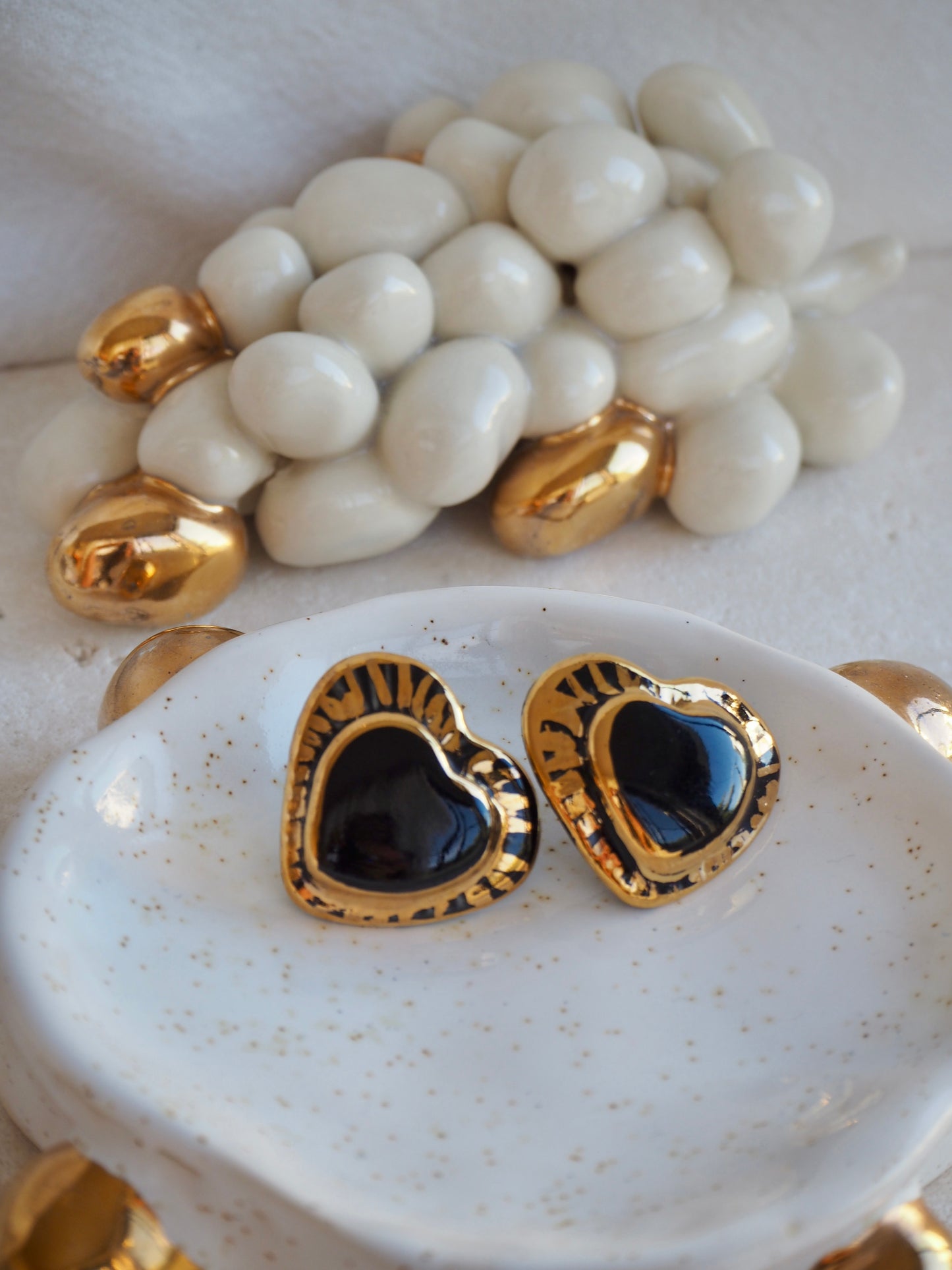 Large Handmade Porcelain Heart Stud Earrings coloured with “Black” glossy glaze & 24k Gold lustre details
