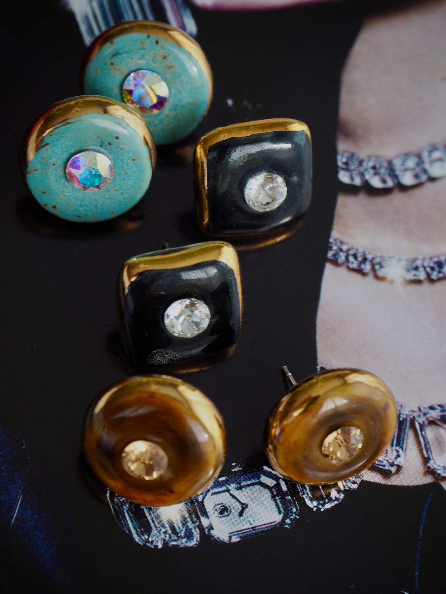 “Bigger Supernova”  Light Brown Large Handmade Porcelain Studs with 24k Gold lustre rims and an Swarovskis Crystal