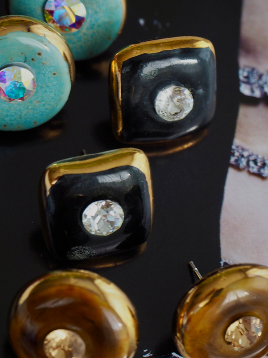“Bigger Supernova” Speckled Black Large Handmade Porcelain Studs with 24k Gold lustre rims and an Swarovskis Crystal