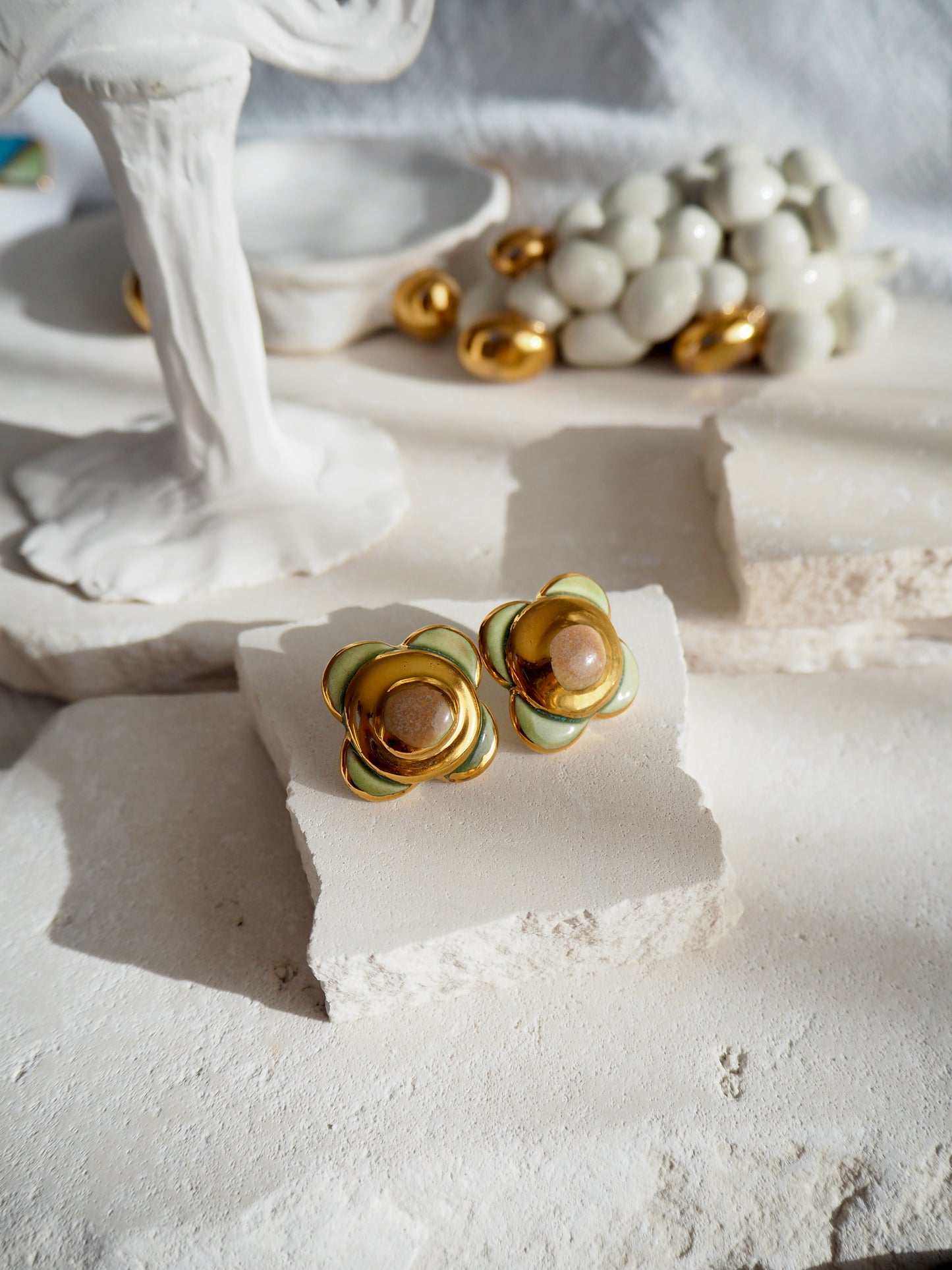 “il Quadrato’s Fiore” Large Handmade Porcelain Studs coloured with “Light Sage&Brown” glossy glazes with 24k Gold lustre details