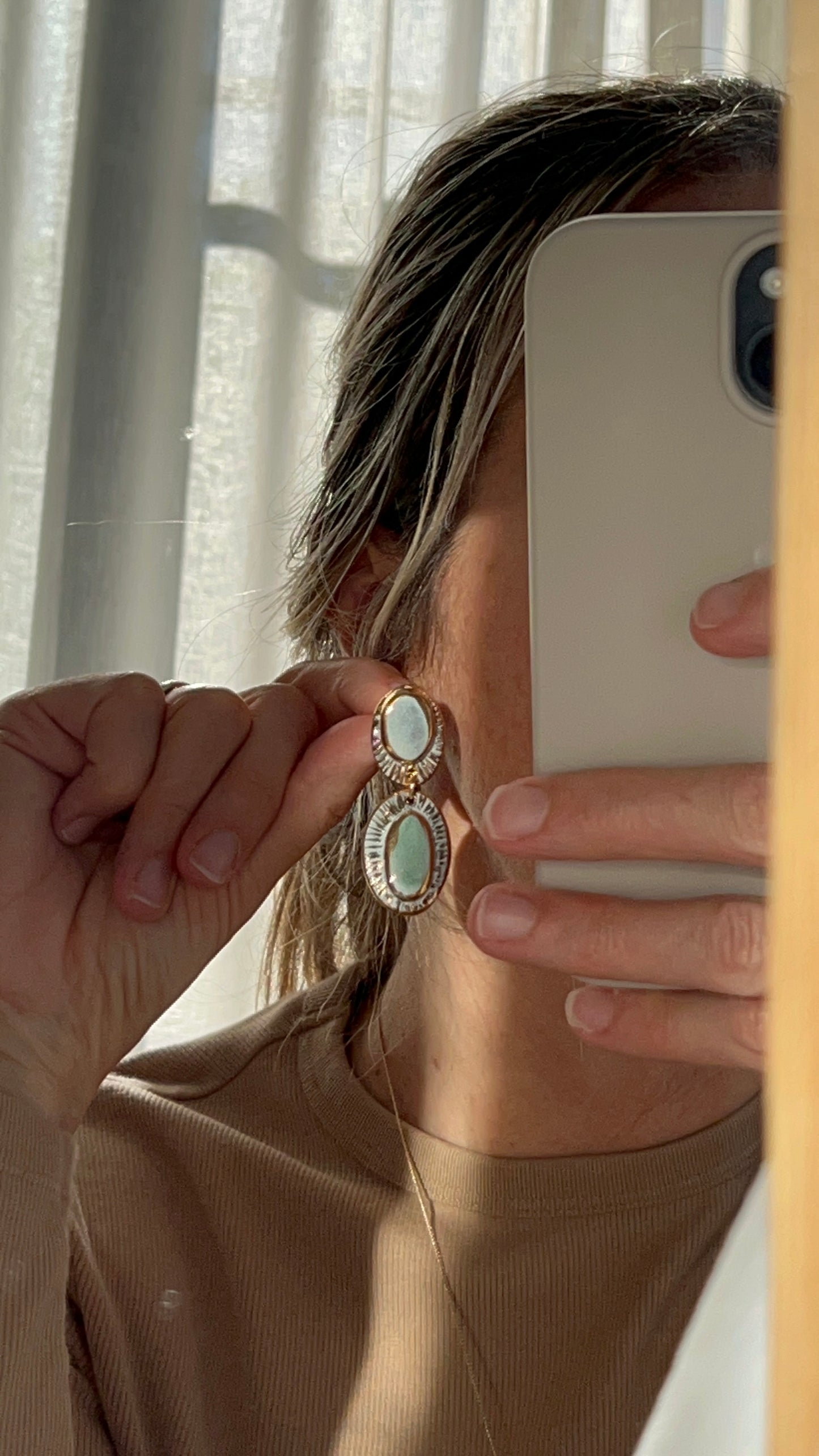 Pietra Collection handmade Black Clay Earrings coloured using light blue and green glaze with 24k gold lustre details