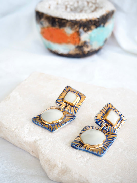 Sol Quadrado Blue and white Porcelain Earrings in “Royal Blue” ceramic stain under clear glaze for glossy look