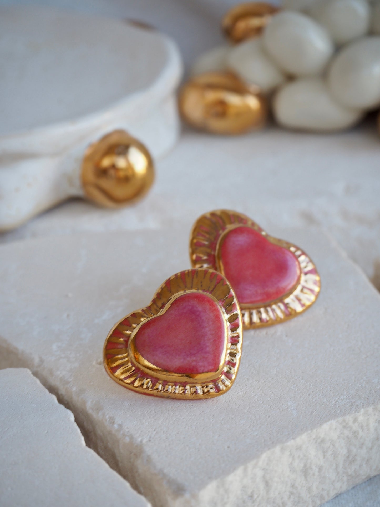 Large Handmade Porcelain Heart Stud Earrings coloured with “Speckled Pink” glossy glaze & 24k Gold lustre details