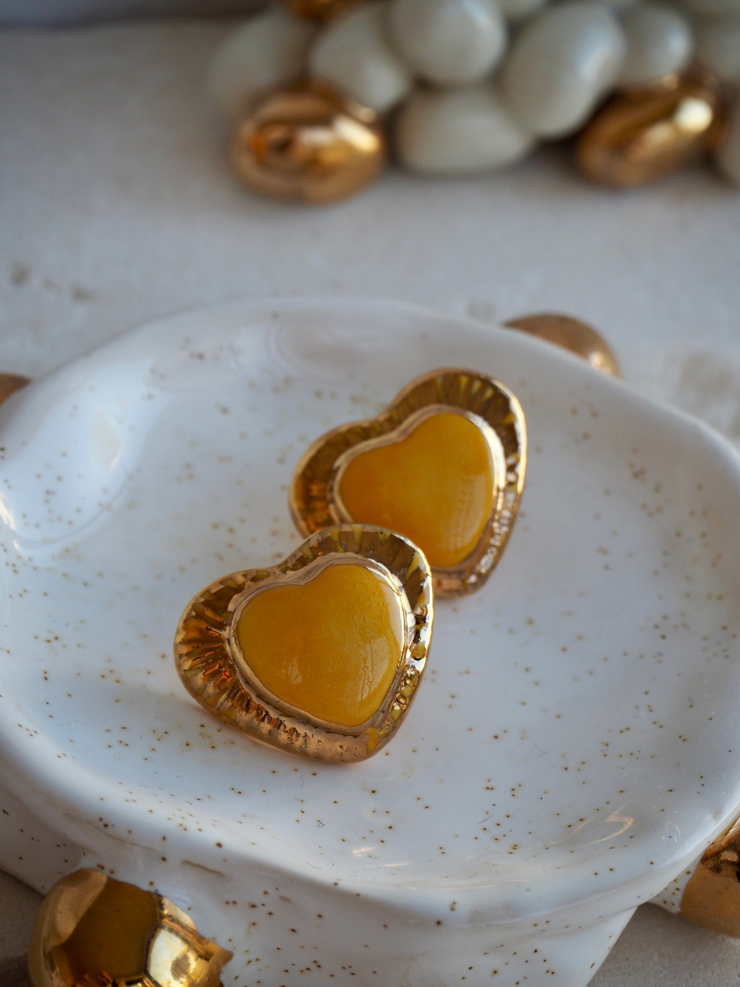 Large Handmade Porcelain Heart Stud Earrings coloured with “Bright Yellow” glossy glaze & 24k Gold lustre details