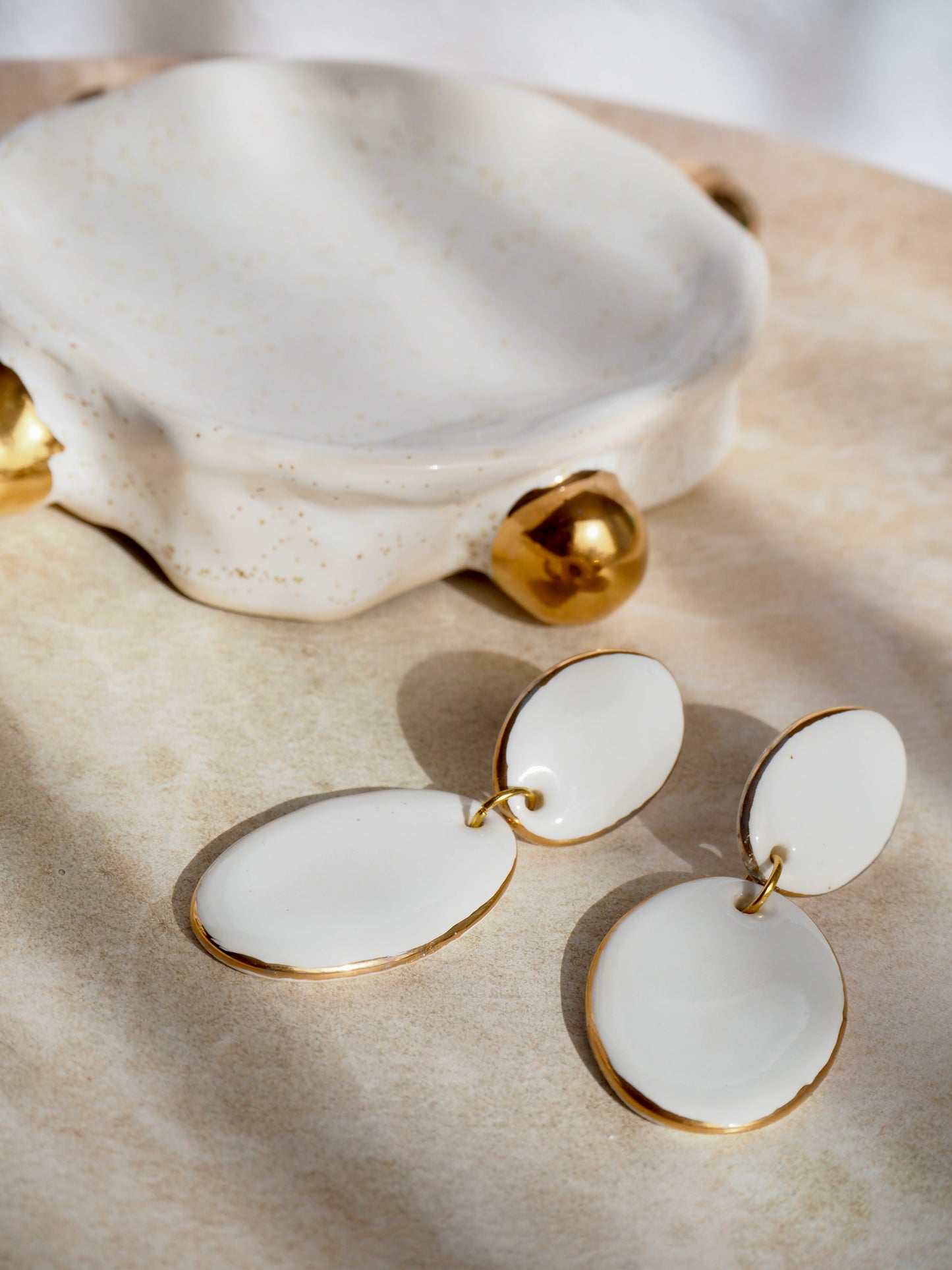 Handmade Porcelain Earrings coloured with white glossy glaze with 24k gold rims