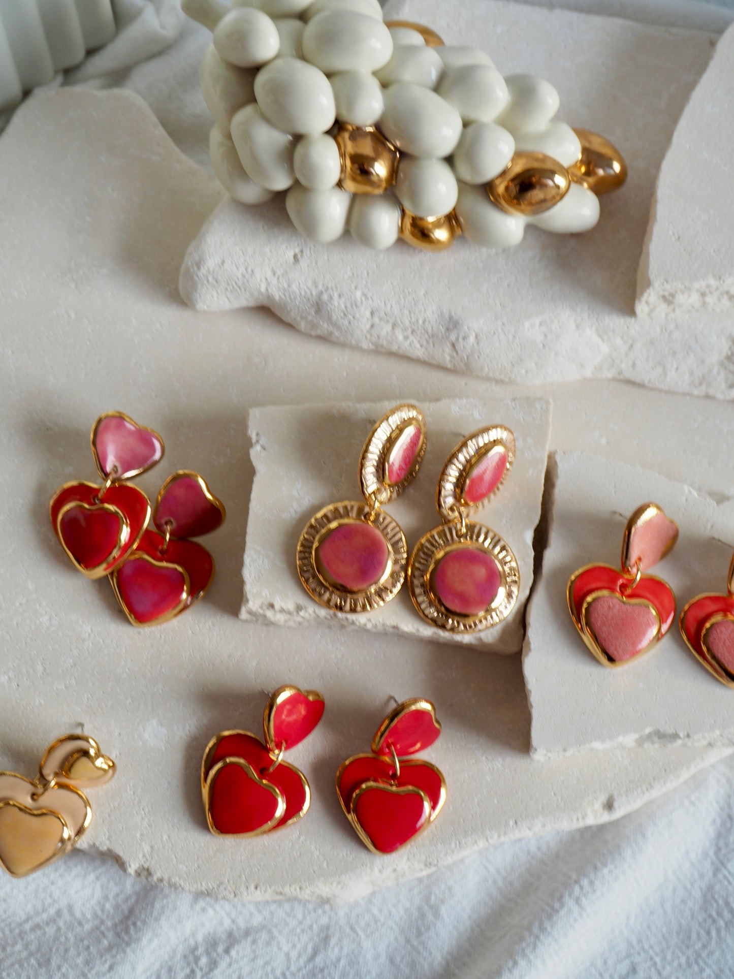 Handmade Porcelain Heart Earrings faded White Hearts on Parchment underglaze glaze with 24k Gold lustre rims