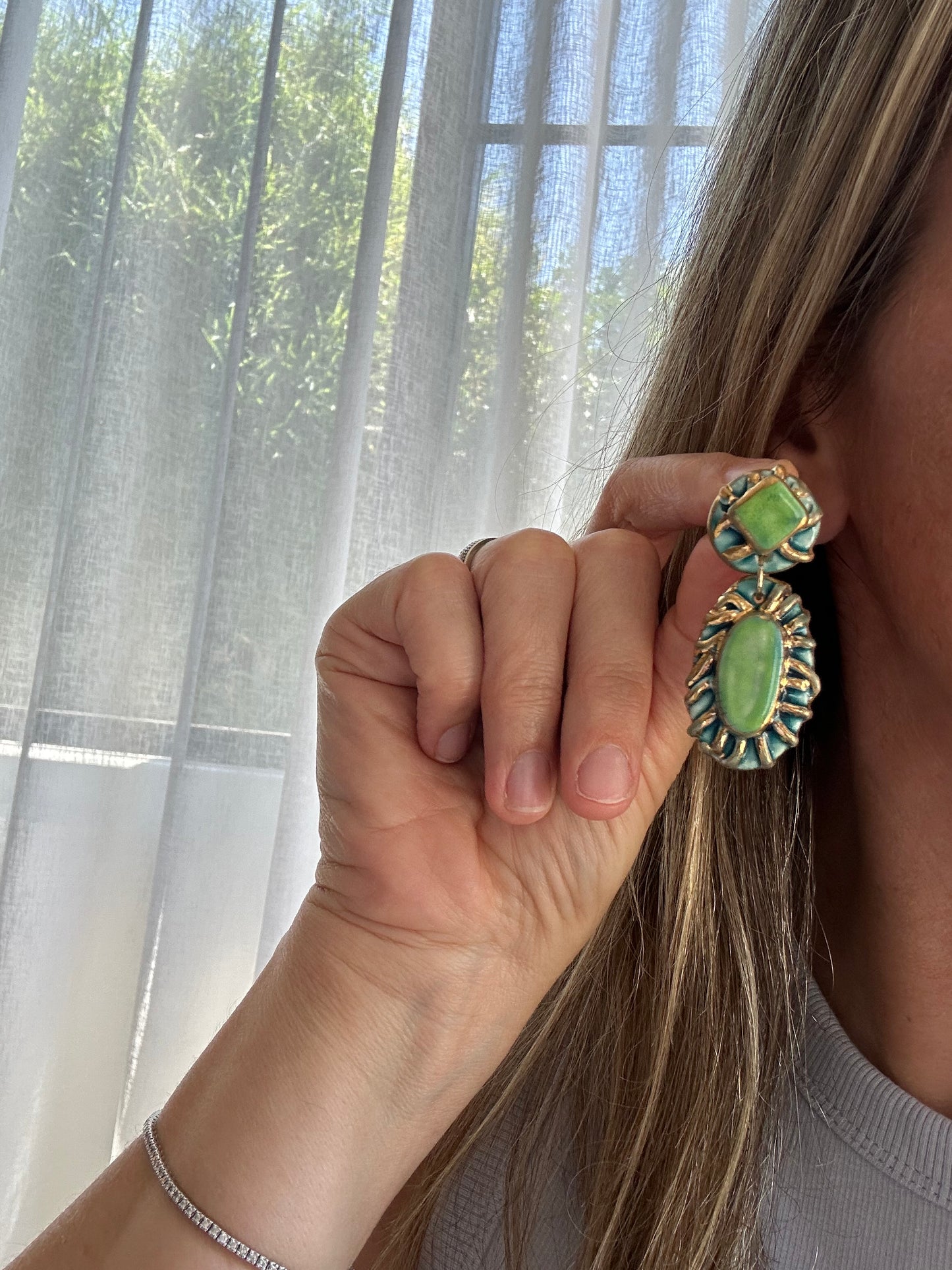 Pietra Collection handmade Porcelain Earrings coloured with Lime Green and Blue glossy glaze with 24k gold lustre details