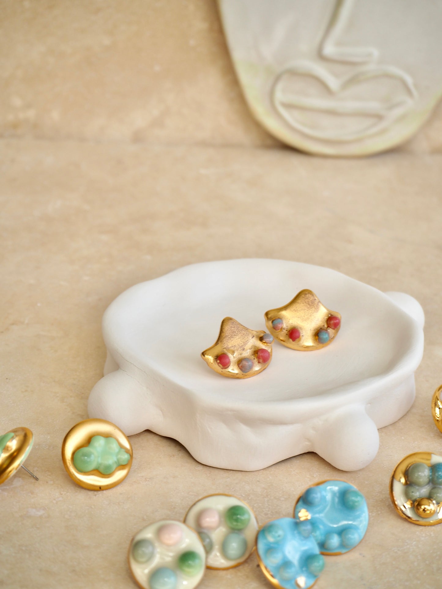 the Jocelyn collection “Conchiglia” handmade Porcelain Earrings with 24k gold lustre details