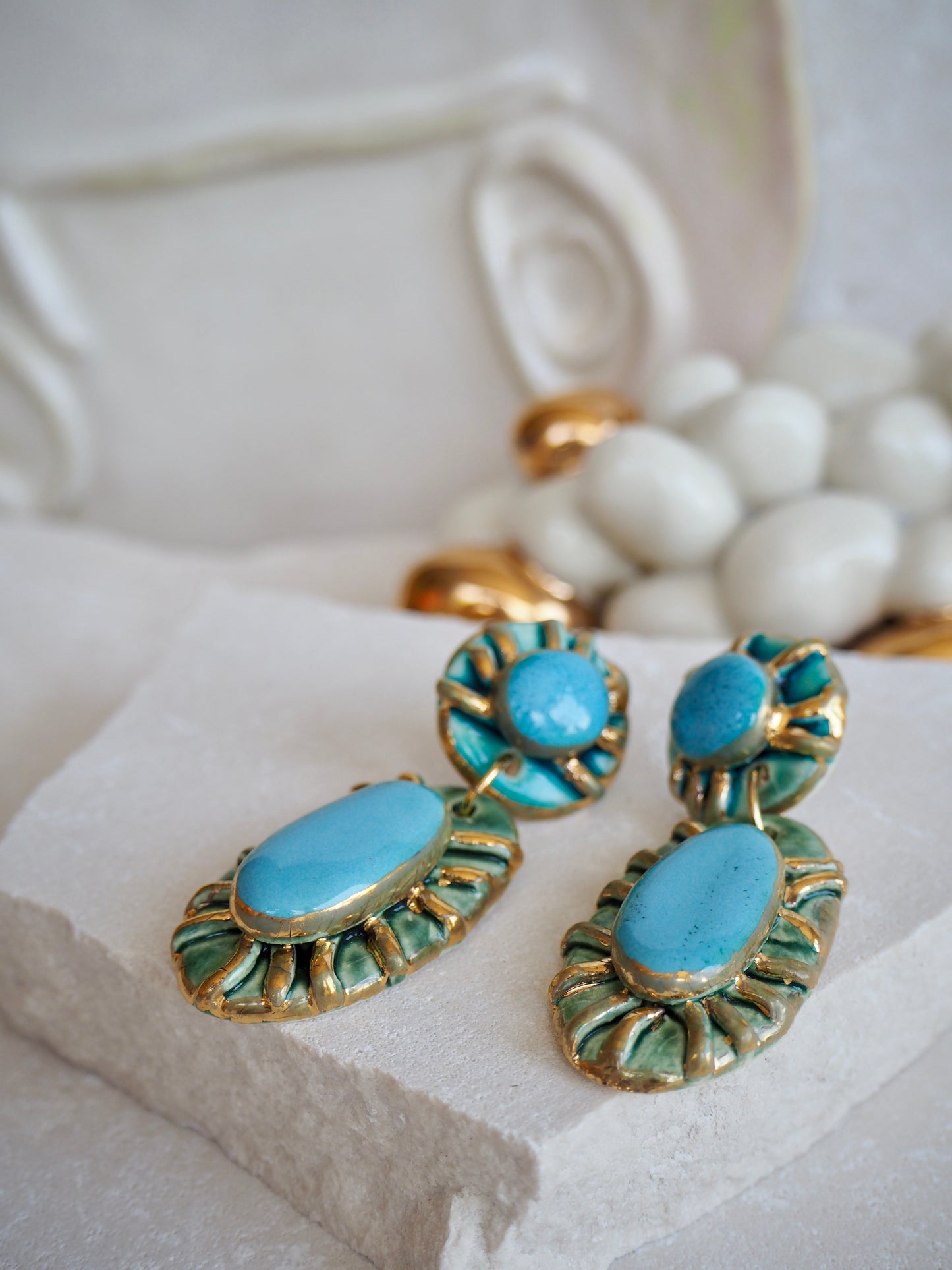 Pietra Collection handmade Porcelain Earrings coloured with Turquoise and Green glossy glaze with 24k gold lustre details
