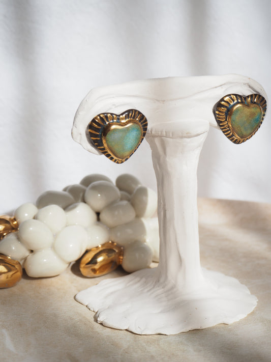 Black Clay Heart Earrings with blue glossy glazes & 24k Gold lustre rim
