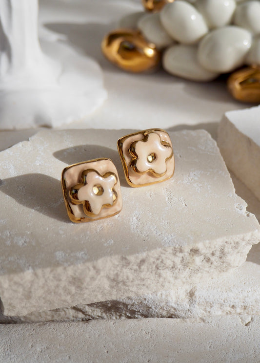 “il Quadrato’s Fiore Small Handmade Porcelain Studs coloured with “Light Beige” glossy glaze with 24k Gold lustre details