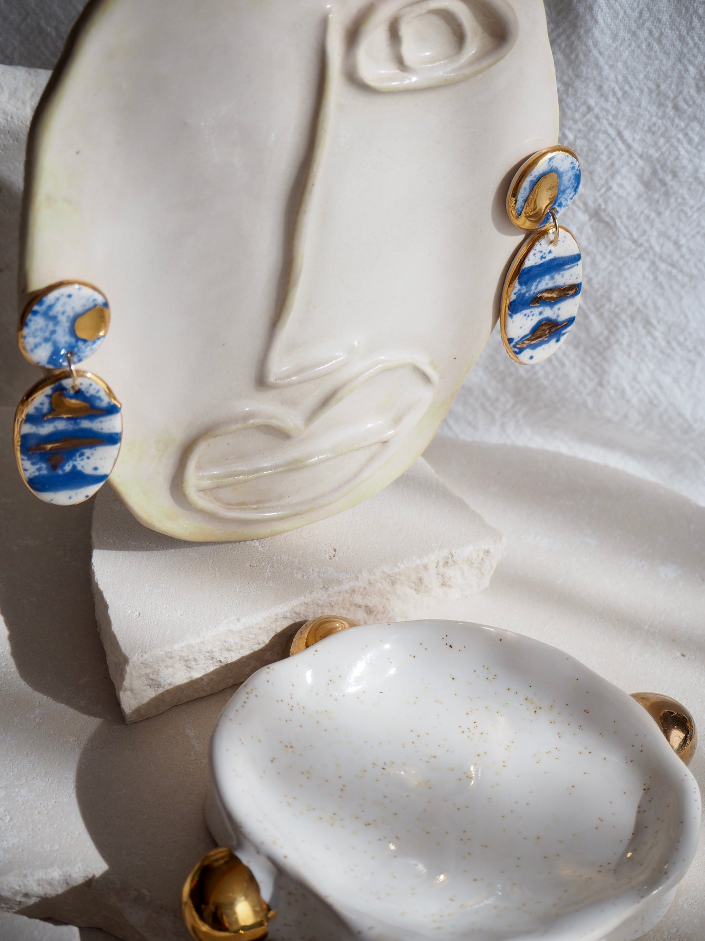 Royal Blue & White Splatter Porcelain Earrings coloured using ceramic stain under clear glaze for glossy look