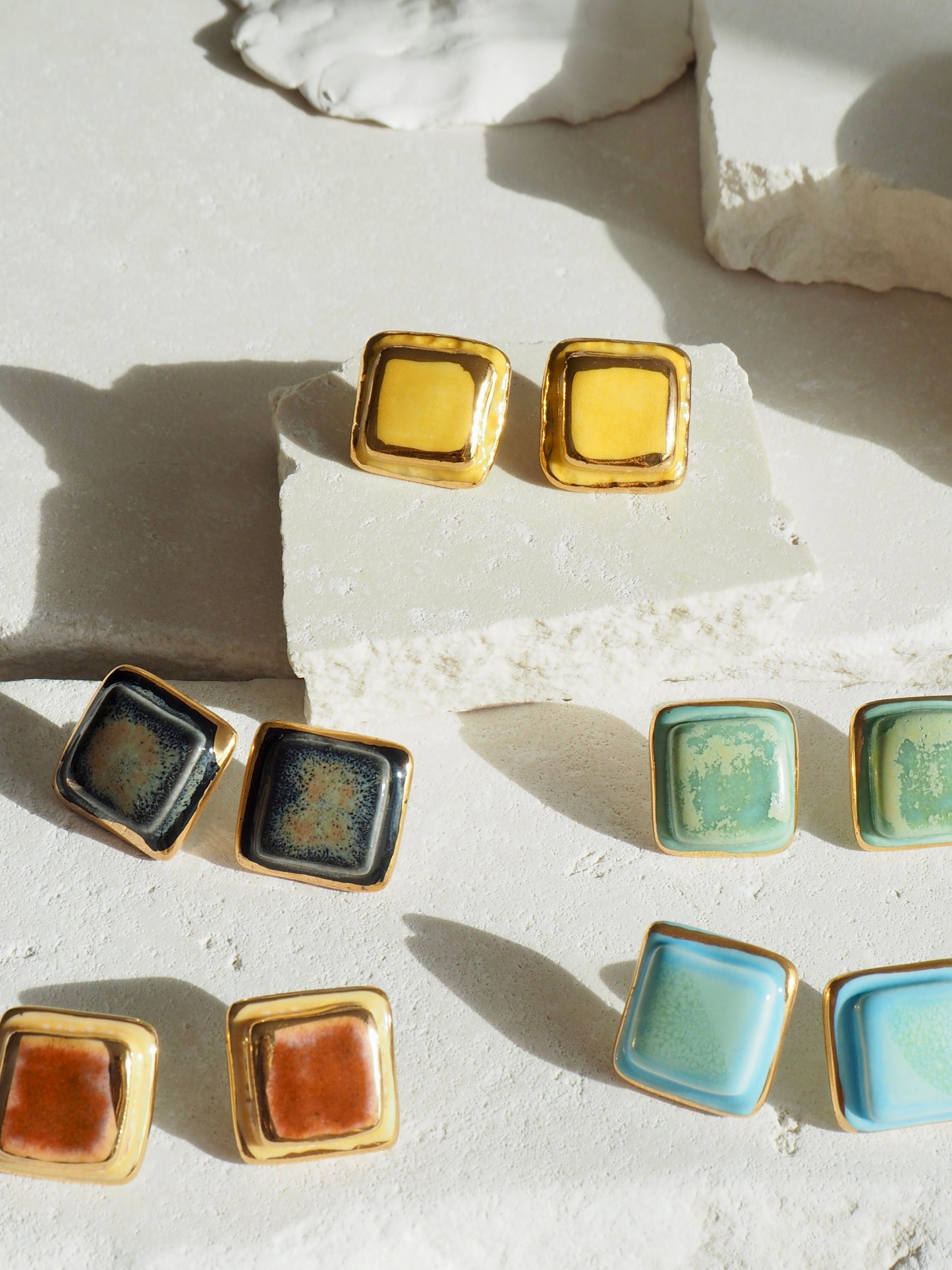 “il Quadrato” Medium Handmade Porcelain Studs coloured with “Yellow” glossy glaze with 24k Gold lustre details