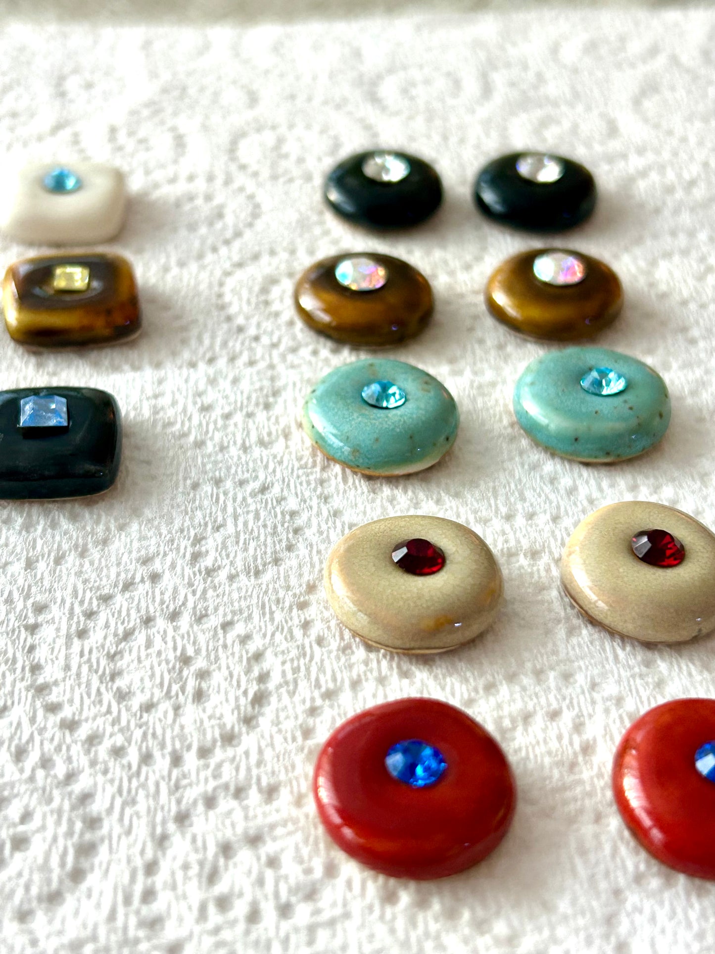 “Bigger Supernova”  Mahogany Brown Large Handmade Porcelain Studs with 24k Gold lustre rims and an Swarovskis Crystal