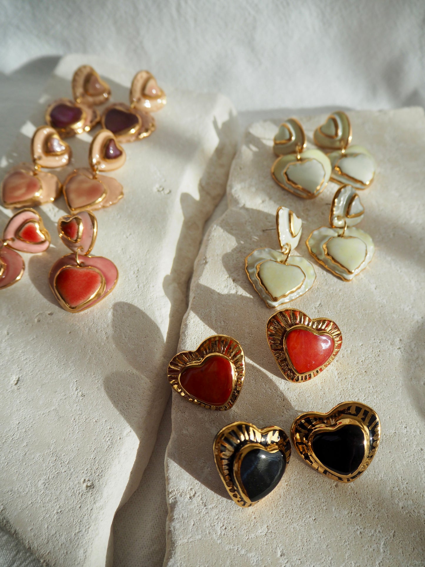 Large Handmade Porcelain Heart Stud Earrings coloured with “Black” glossy glaze & 24k Gold lustre details