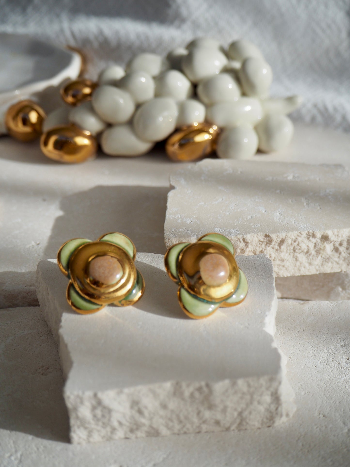 “il Quadrato’s Fiore” Large Handmade Porcelain Studs coloured with “Light Sage&Brown” glossy glazes with 24k Gold lustre details