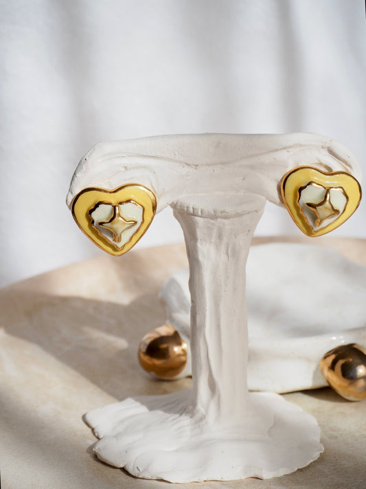 Clip-on Porcelain Heart Earrings in light Yellow & White coloured glazes with 24k Gold lustre details