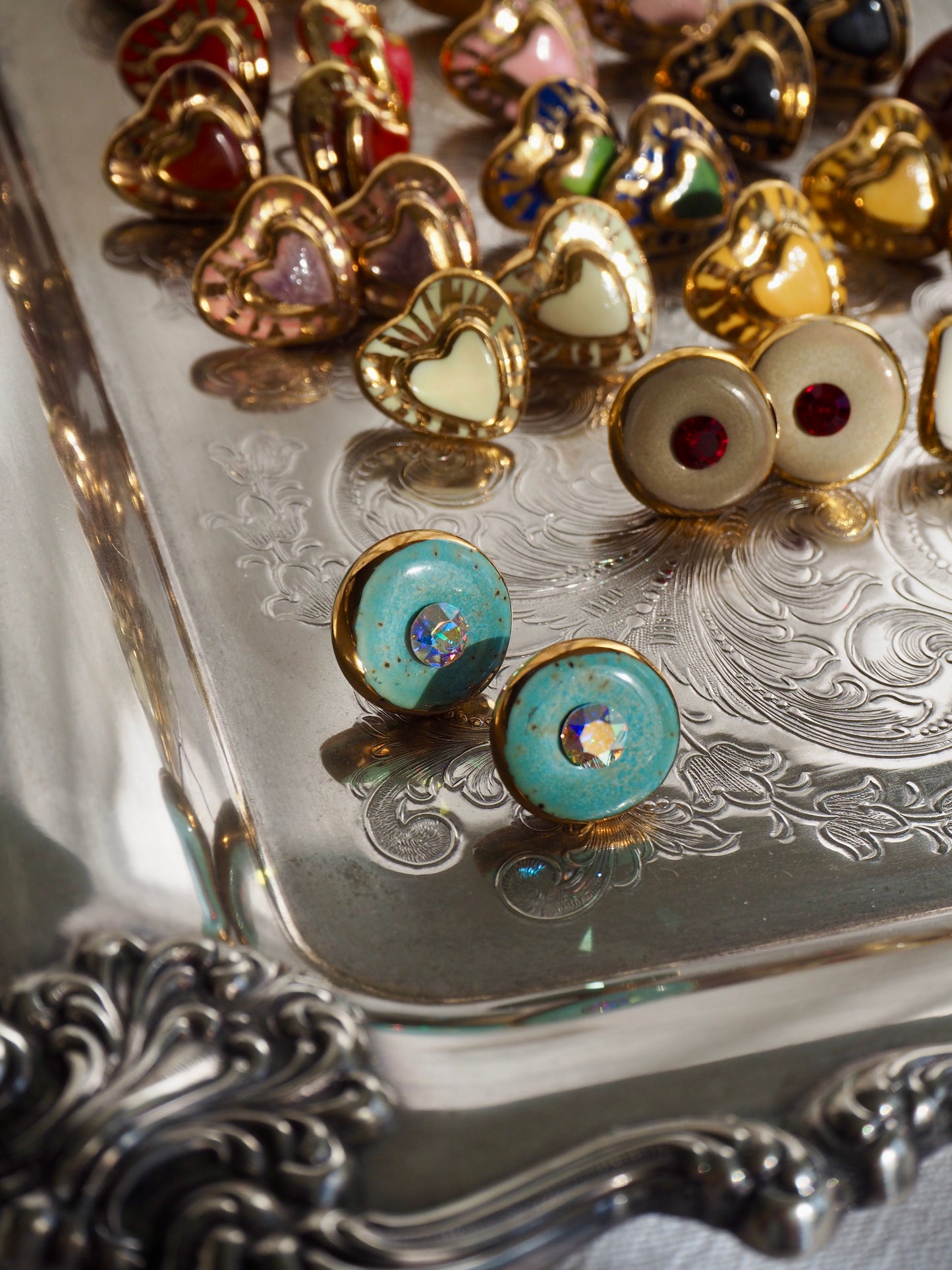 “Bigger Supernova” Speckled Aqua Large Handmade Porcelain Studs with 24k Gold lustre rims and an Swarovskis Crystal