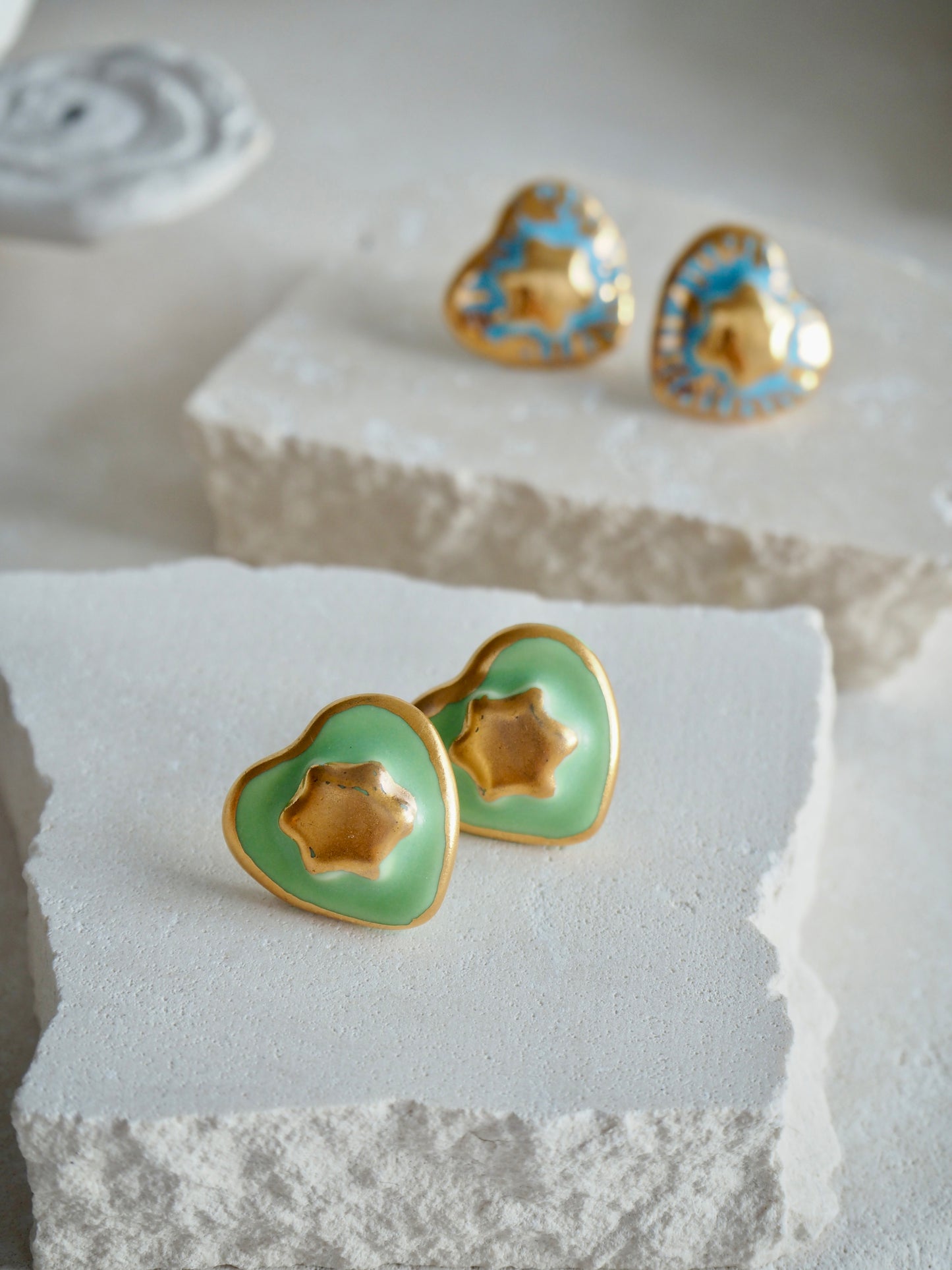 Small Handmade Porcelain Heart Stud coloured with “Bright Green” glaze with 24k Gold lustre details and Gold center Star