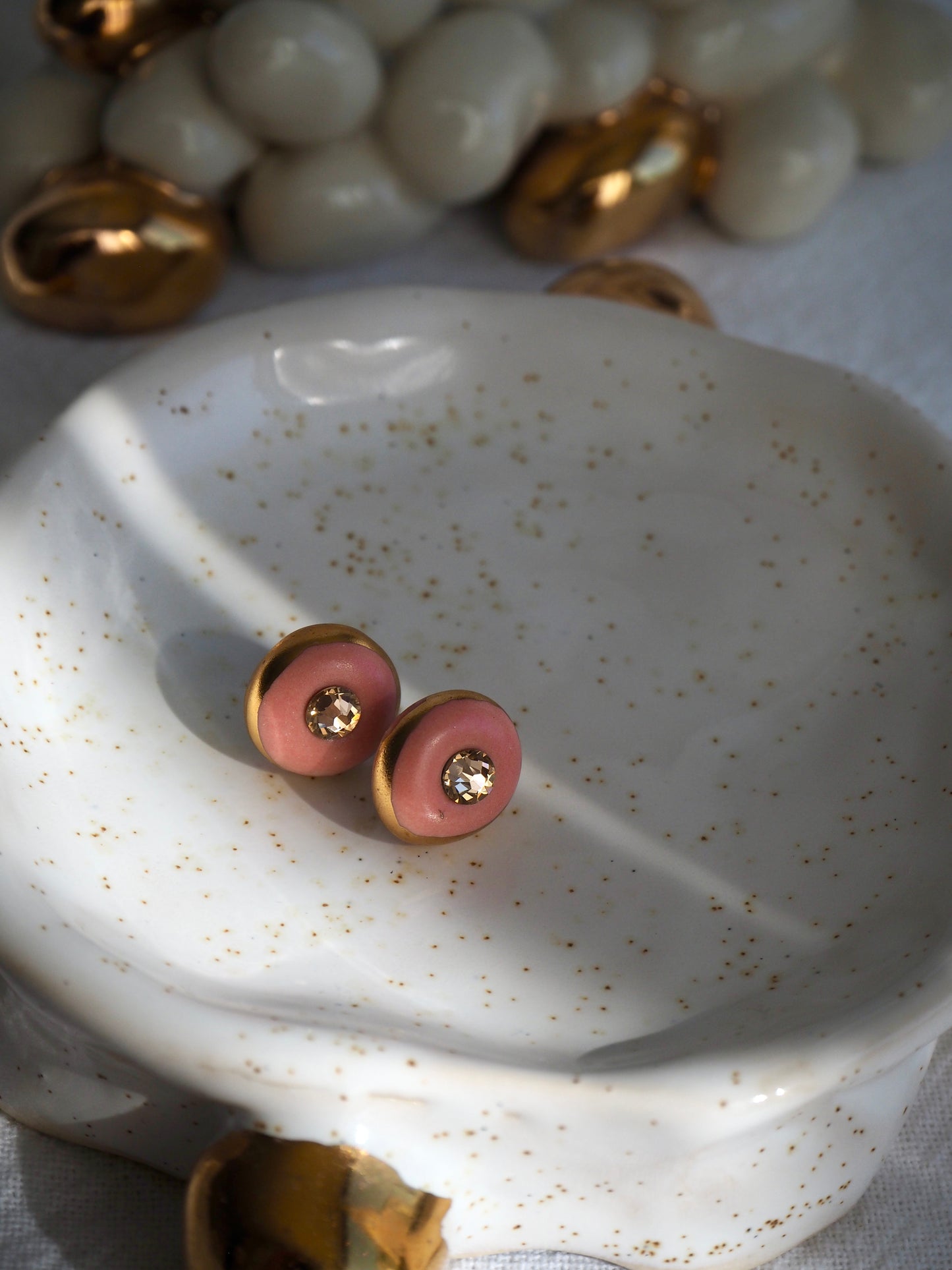 “Supernova” Pink Small Handmade Porcelain Studs with 24k Gold lustre rims and Swarovskis Cristals