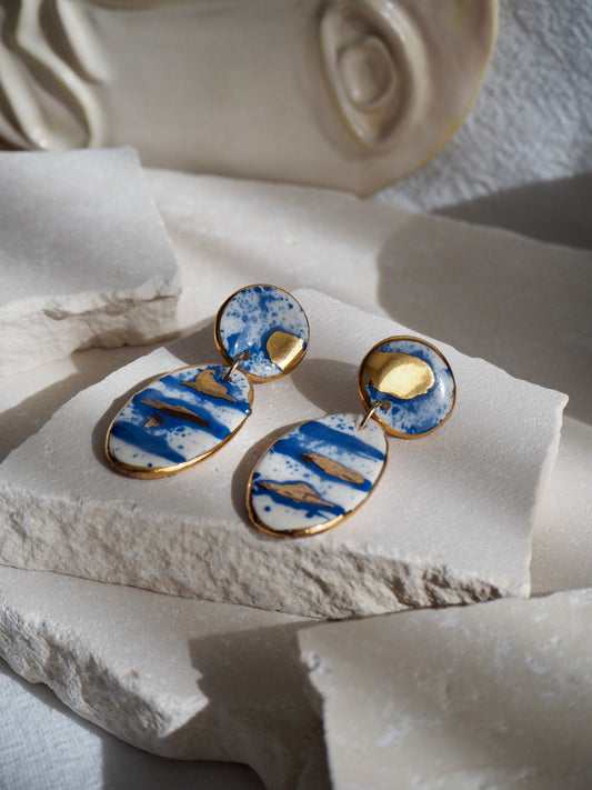 Royal Blue & White Splatter Porcelain Earrings coloured using ceramic stain under clear glaze for glossy look