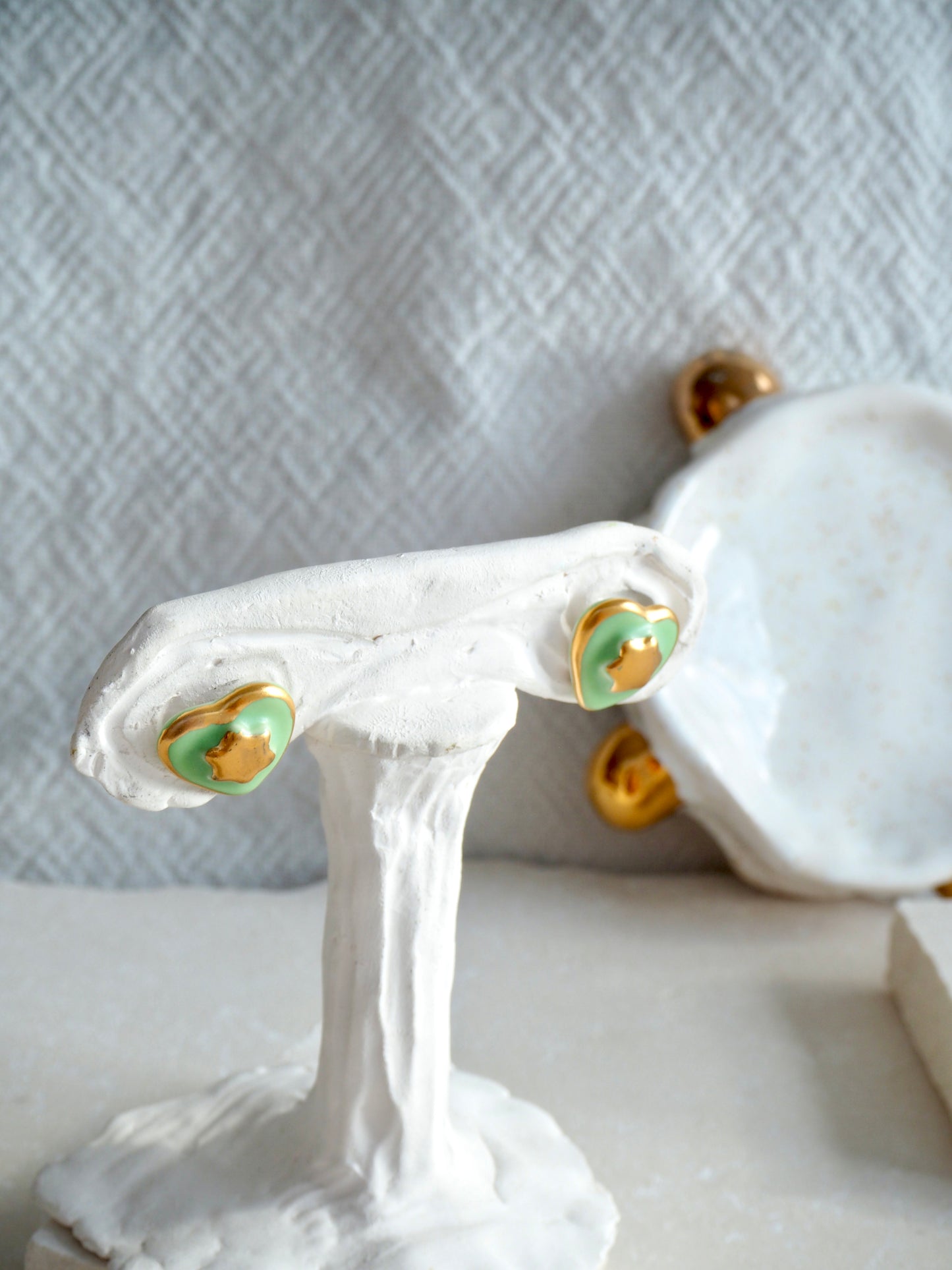 Small Handmade Porcelain Heart Stud coloured with “Bright Green” glaze with 24k Gold lustre details and Gold center Star