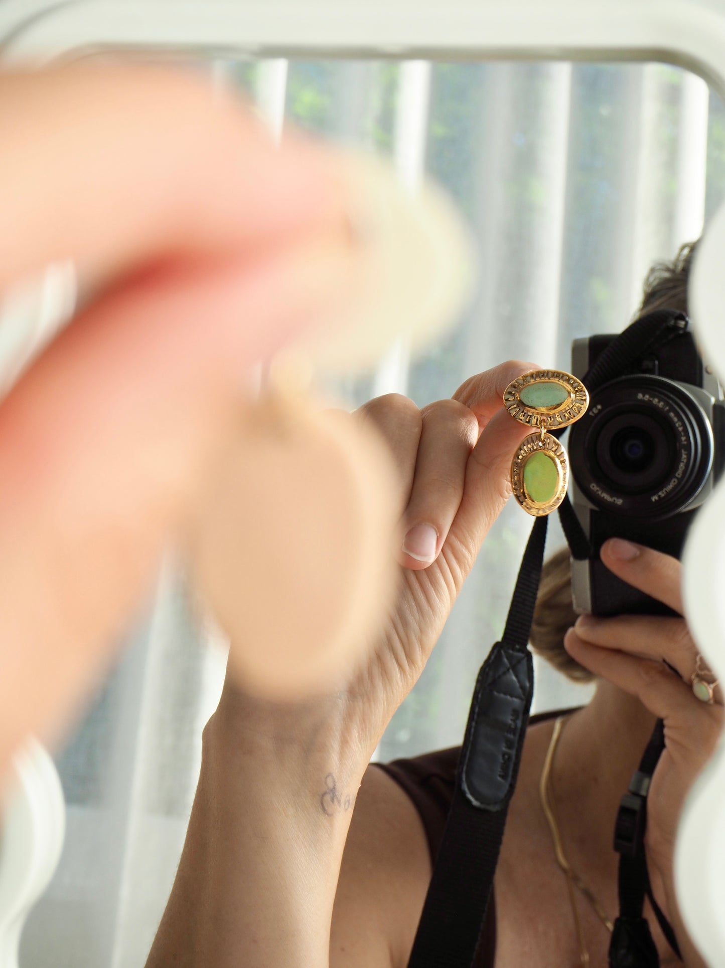 Hideaway Bay “Anima” Handmade Porcelain Earrings with Parchment underglaze and Green & Pale blue glazes with 24k gold lustre rays