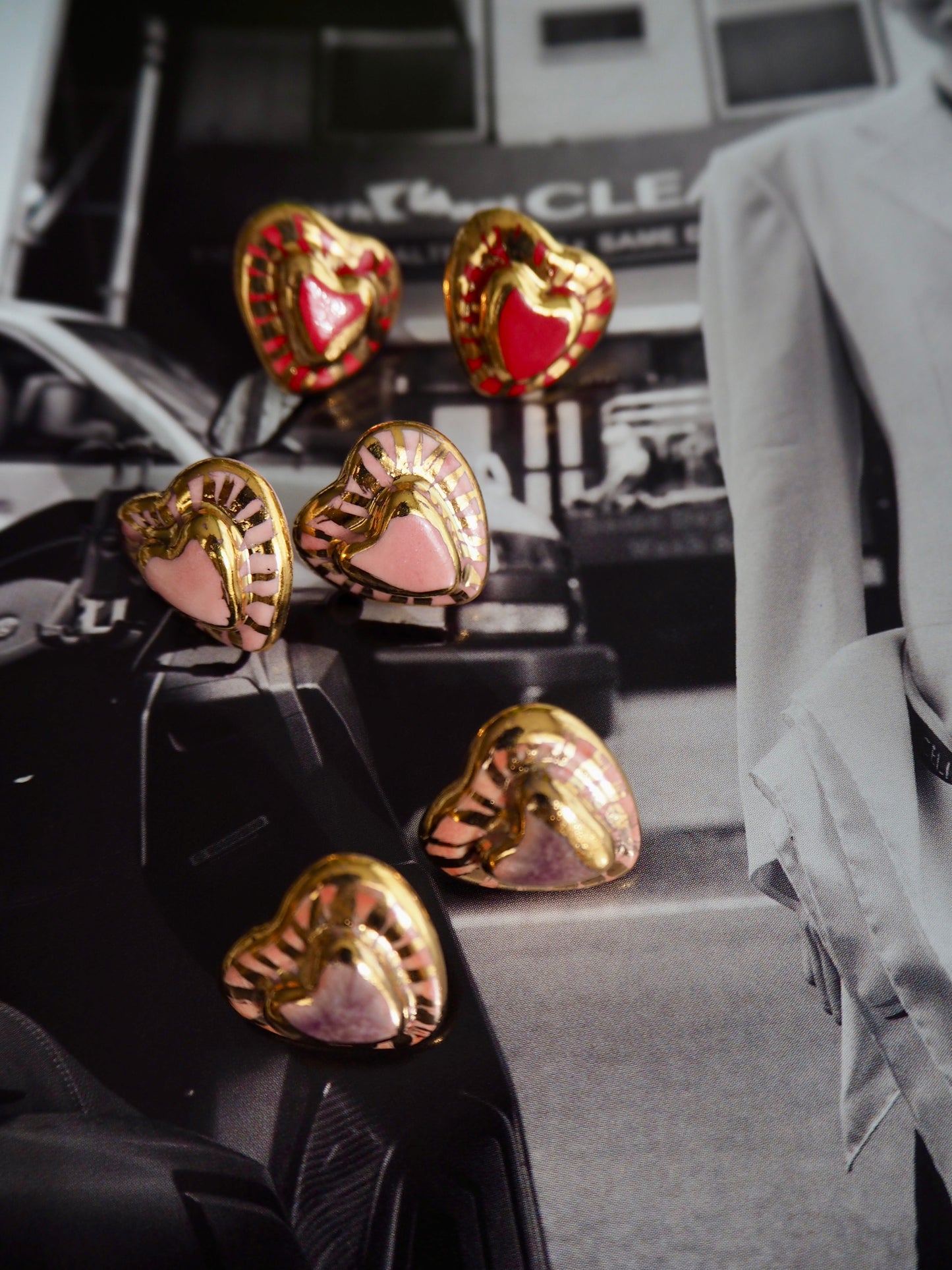Small Handmade Porcelain Heart Stud coloured with “Light Pink” glossy glaze with 24k Gold lustre rays (Second Pair in Pink)