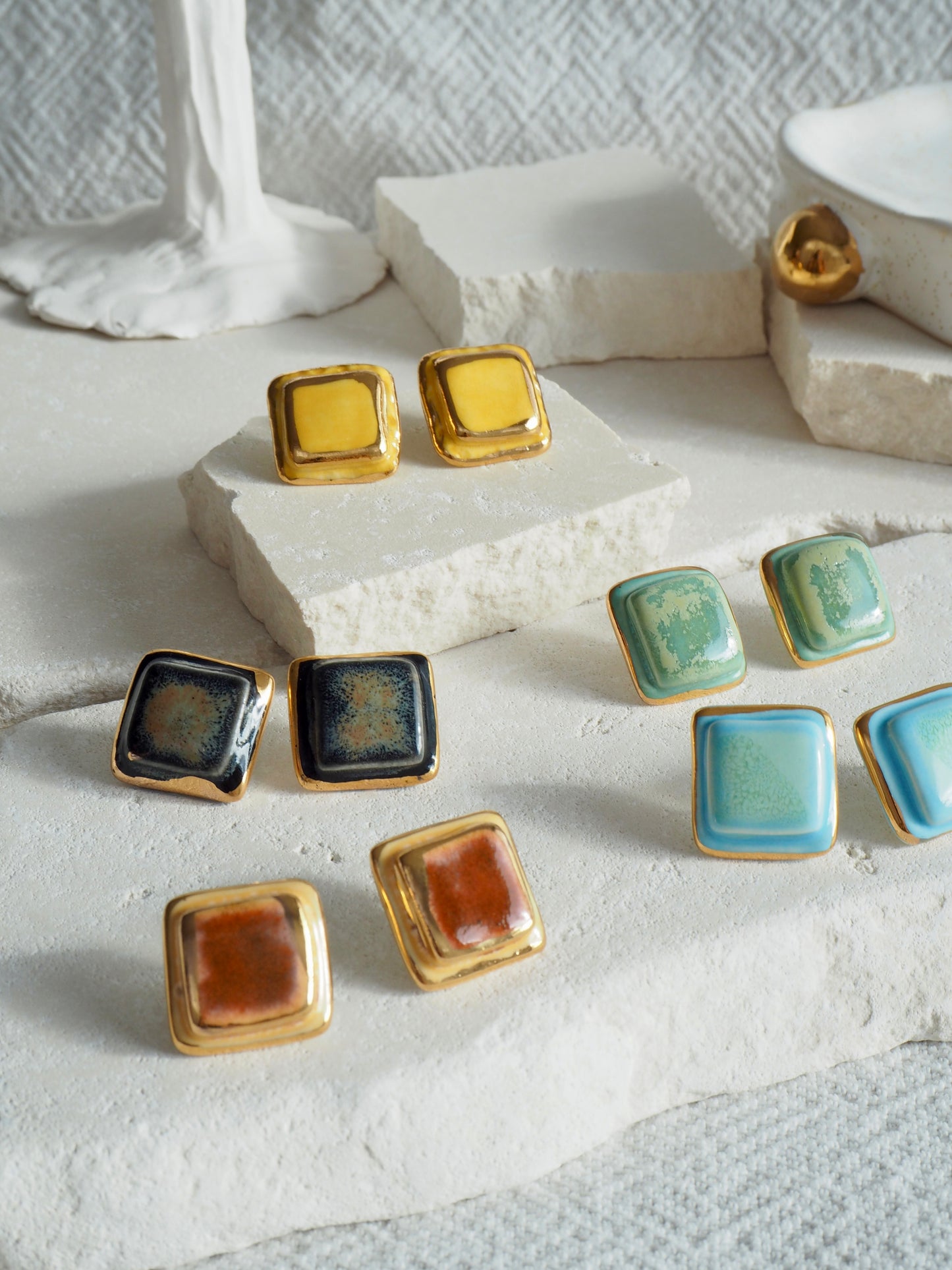 “il Quadrato” Medium Handmade Porcelain Studs coloured with “Black Galaxy” glossy glaze with 24k Gold lustre details
