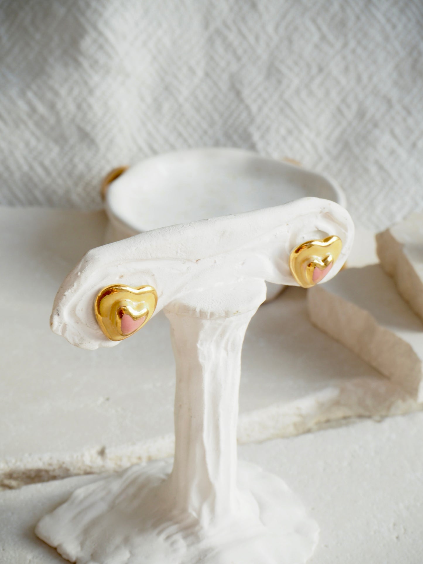 Small Handmade Porcelain Heart Stud coloured with “Light Pink&Orange” glossy glazes with 24k Gold lustre details