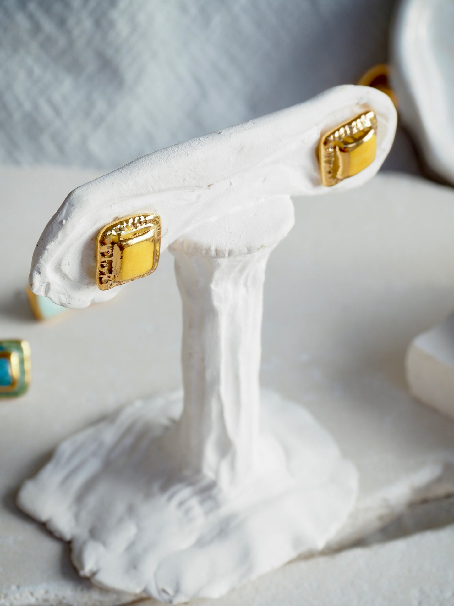 “il Quadrato” Small Handmade Porcelain Studs coloured with Dark Blue glossy glaze with 24k Gold lustre details