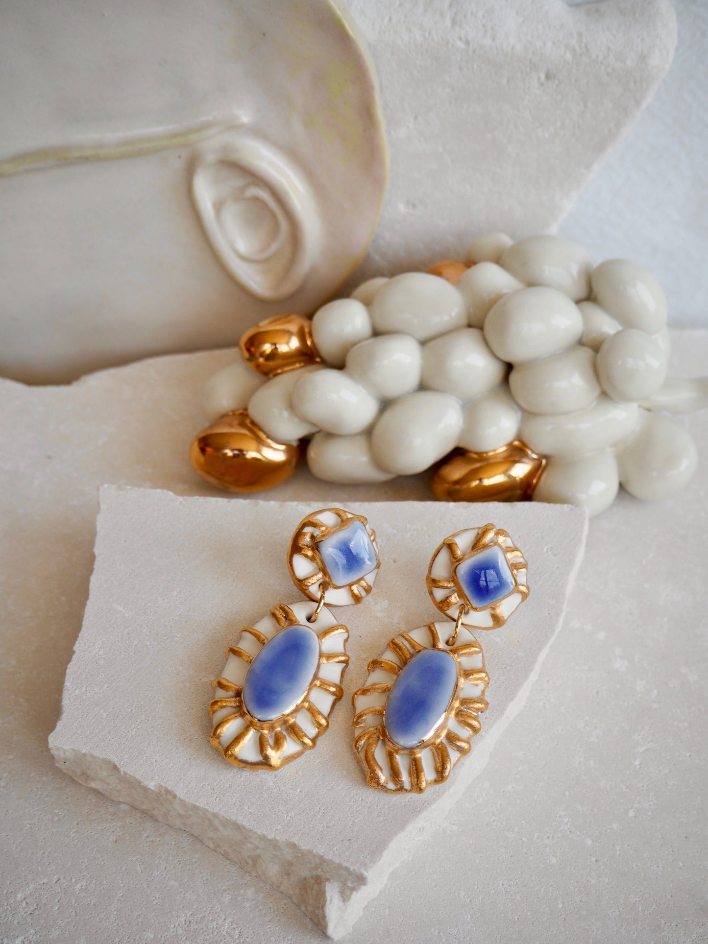 Pietra Collection handmade Porcelain Earrings coloured with Blue and White glossy glaze with 24k gold lustre details