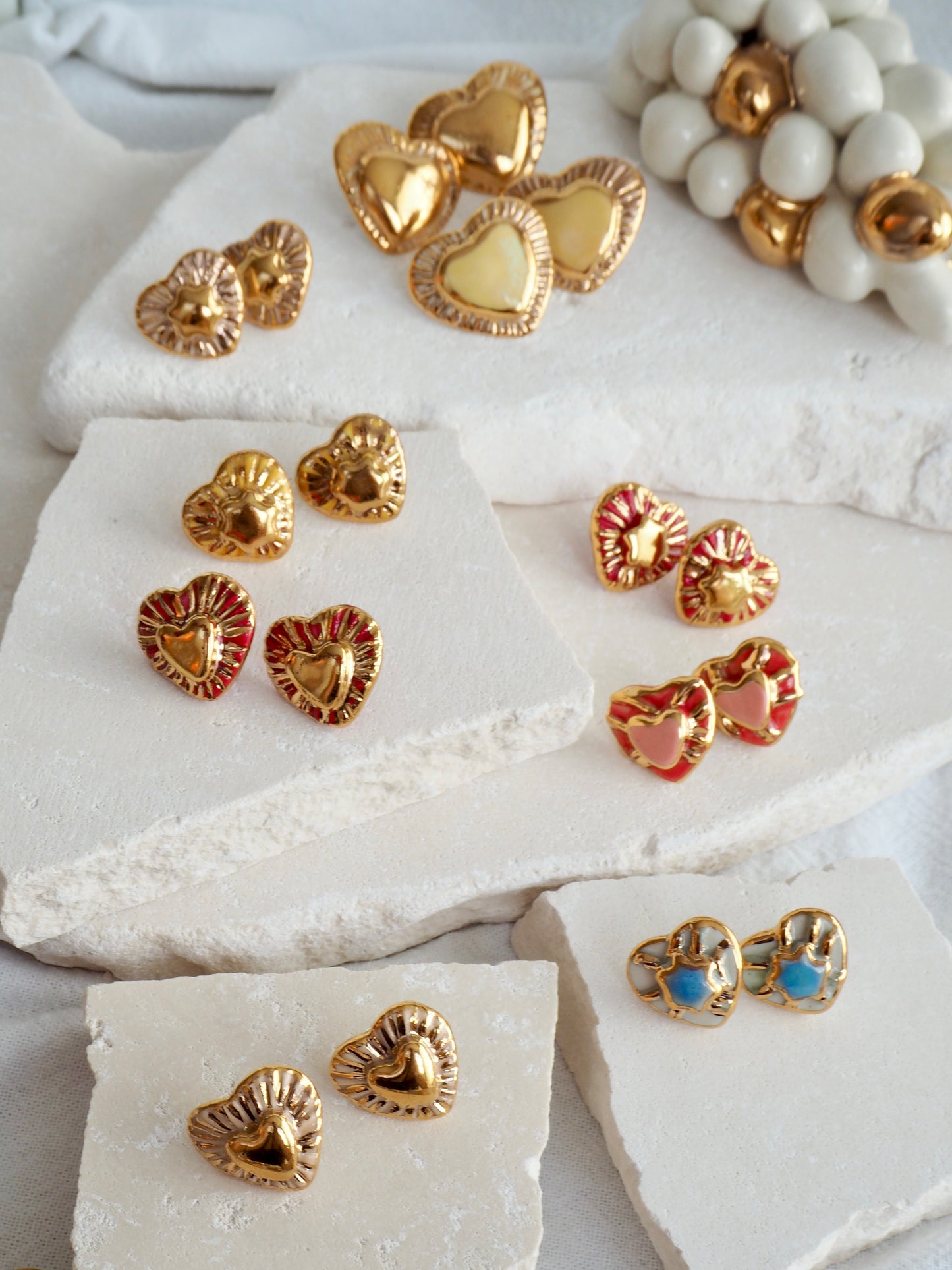 Large Handmade Porcelain Heart Stud Earrings coloured with Parchment and Light Yellow glossy glaze & 24k Gold lustre details