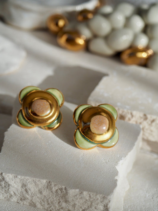 “il Quadrato’s Fiore” Large Handmade Porcelain Studs coloured with “Light Sage&Brown” glossy glazes with 24k Gold lustre details