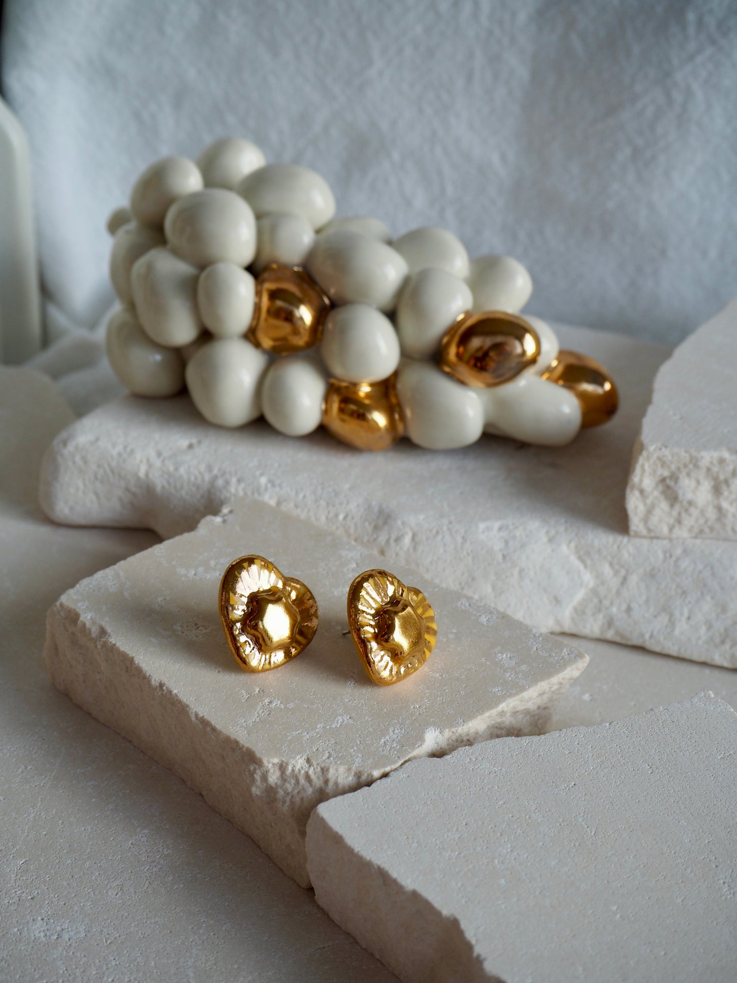 Small Handmade Porcelain Heart Stud Earrings coloured with glossy Yellow glaze with 24k Gold lustre details and Gold center Star