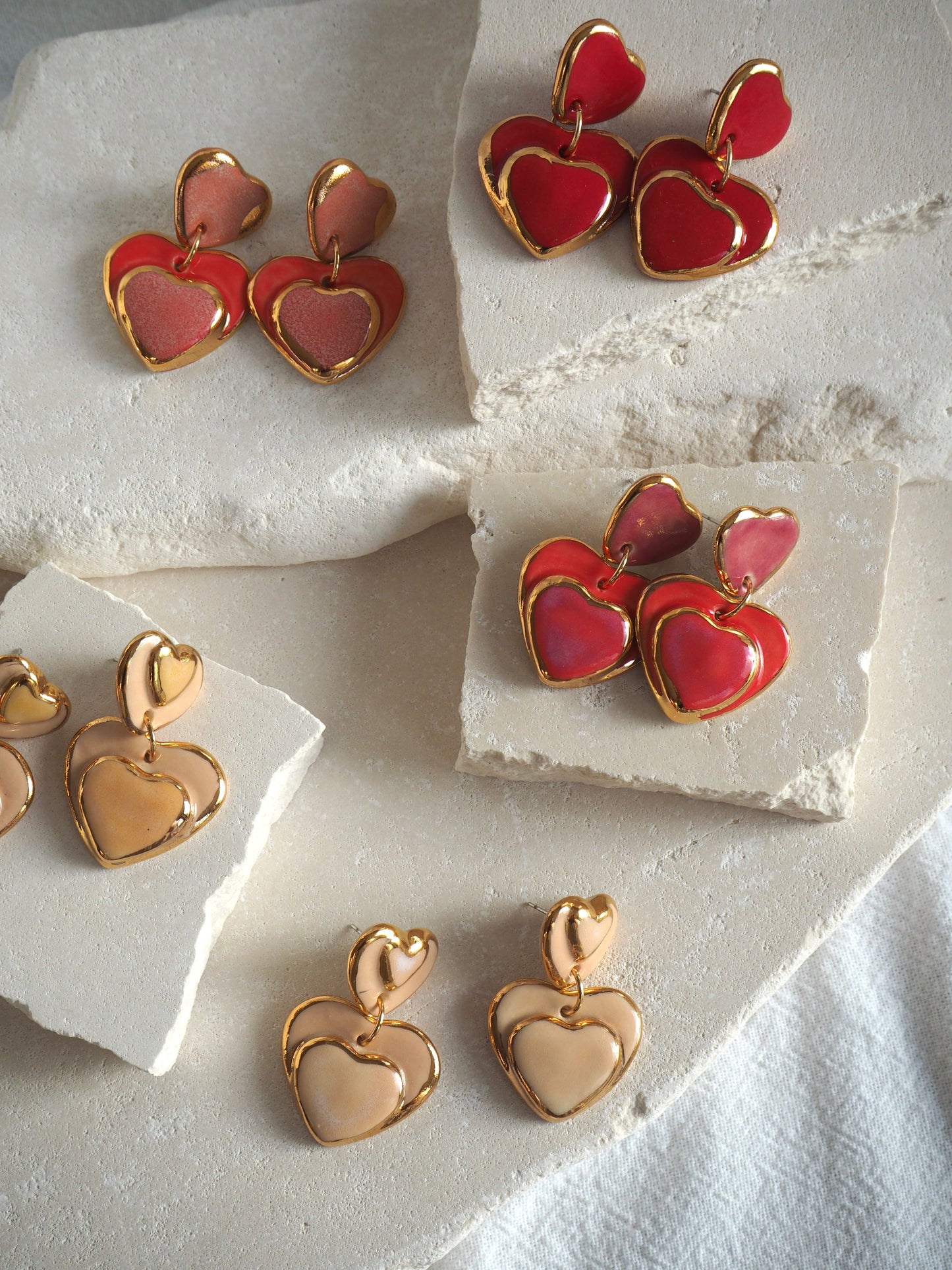 Handmade Porcelain Heart Earrings faded White Hearts on Parchment underglaze glaze with 24k Gold lustre rims