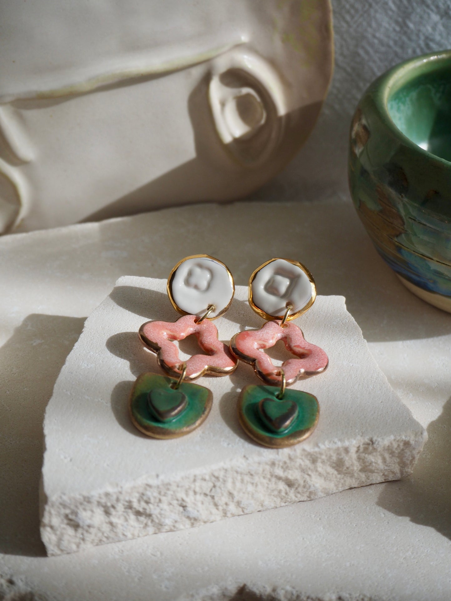 Gioia Originals “Fortunata” Handmade Porcelain Earrings in glossy White, Pink and matte Green glazes with 24k Gold lustre details