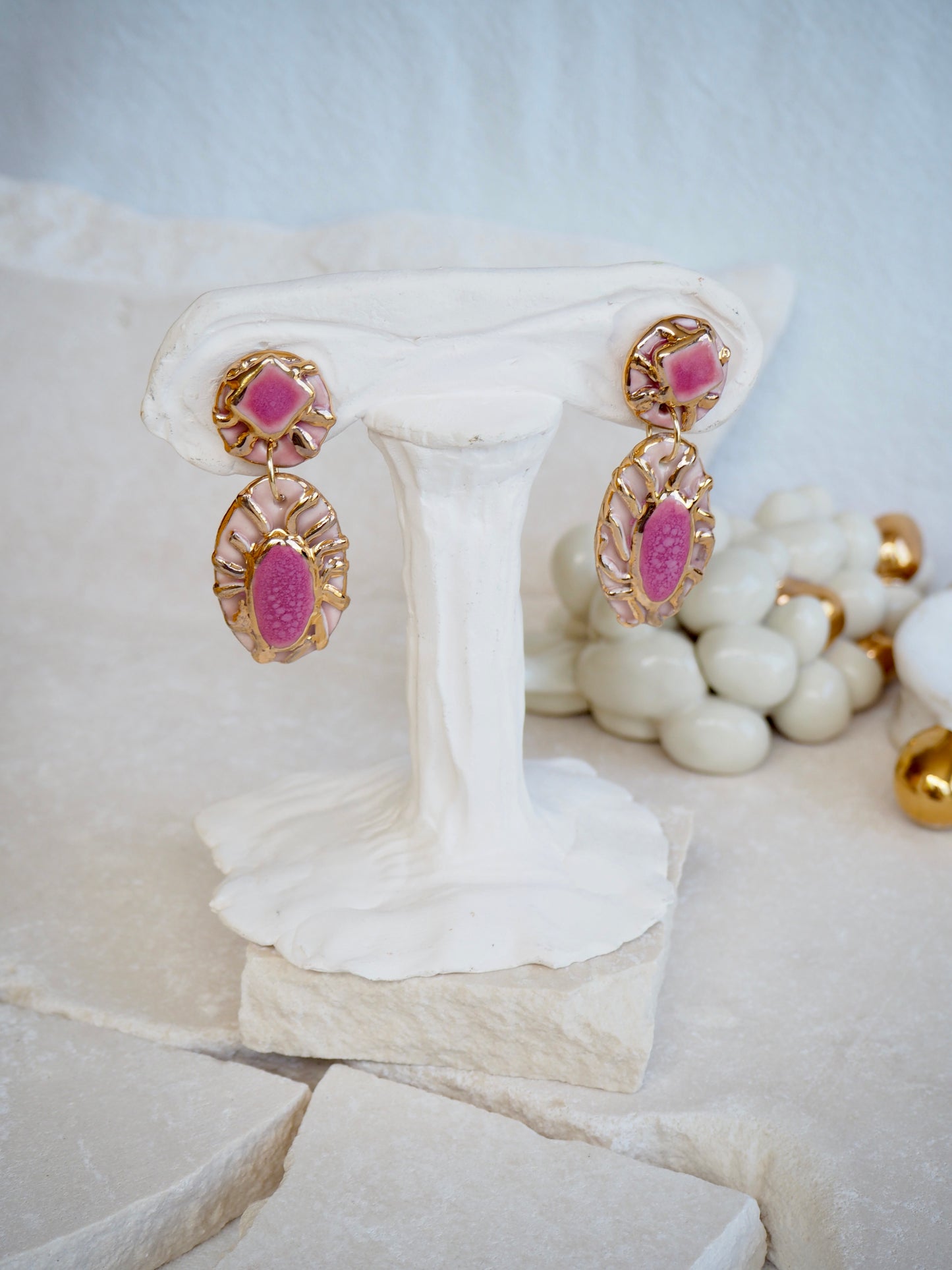 Pietra Collection handmade Porcelain Earrings coloured with Dark and Light Pink glossy glaze with 24k gold lustre details