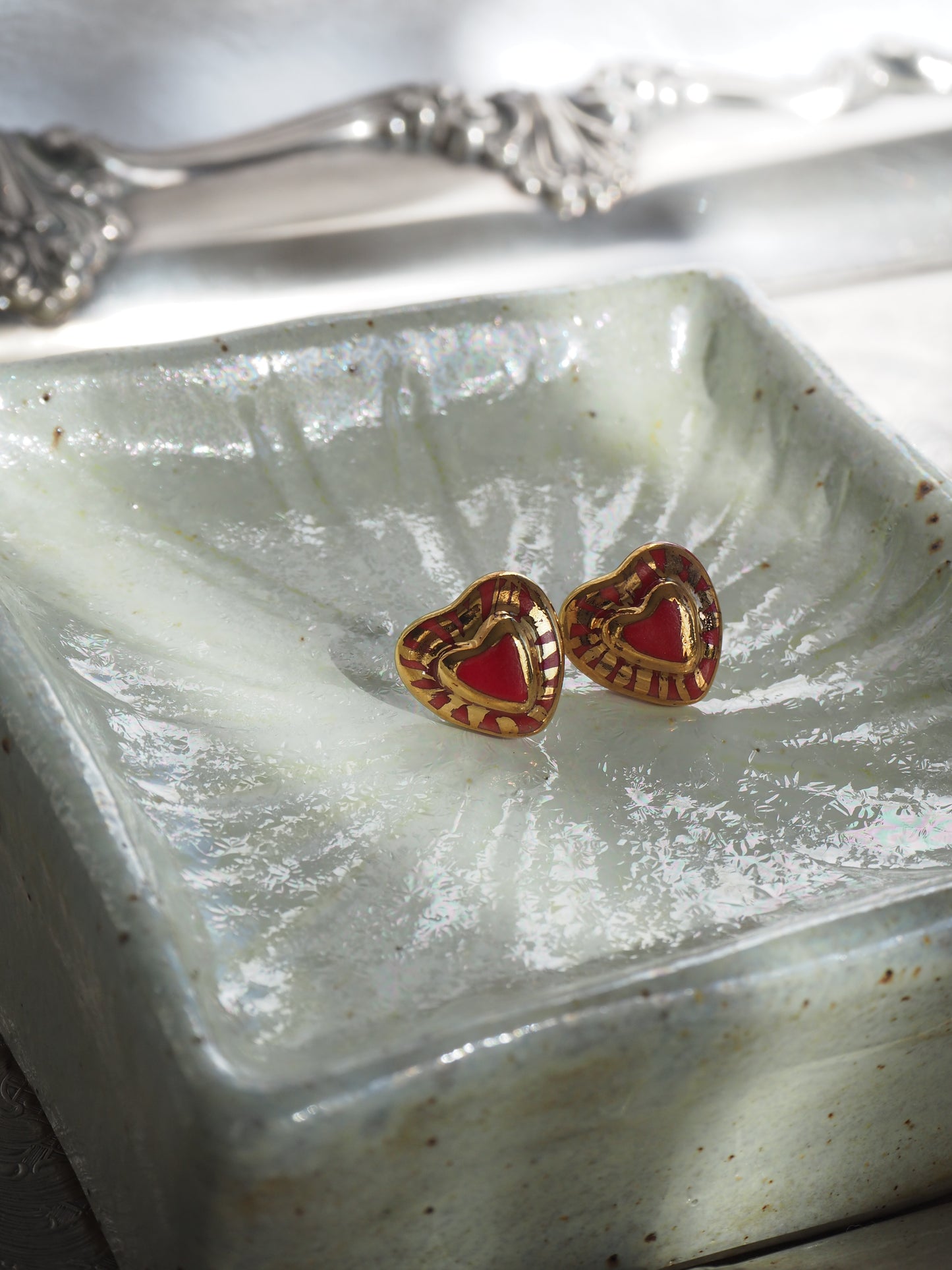 Small Handmade Porcelain Heart Stud coloured with “Bright Red” glossy glaze with 24k Gold lustre rays (Second Pair in Red)