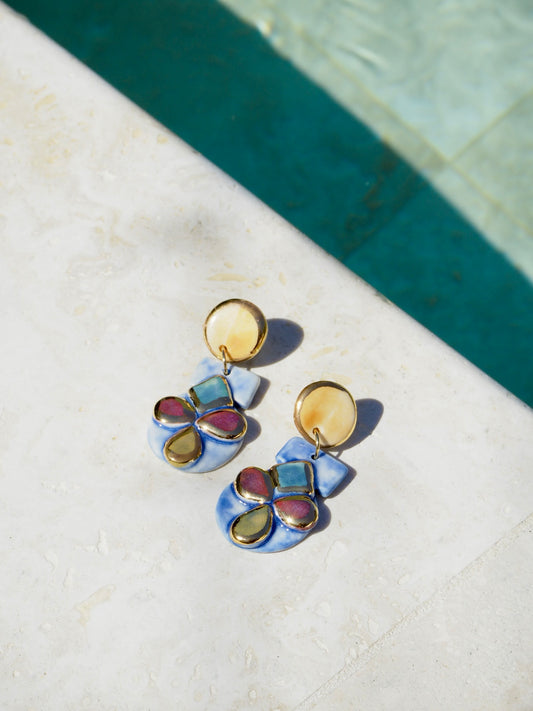 Fresco Charm Porcelain Earrings in Oranges, Reds & Blues underglazes covered in clear glossy glaze