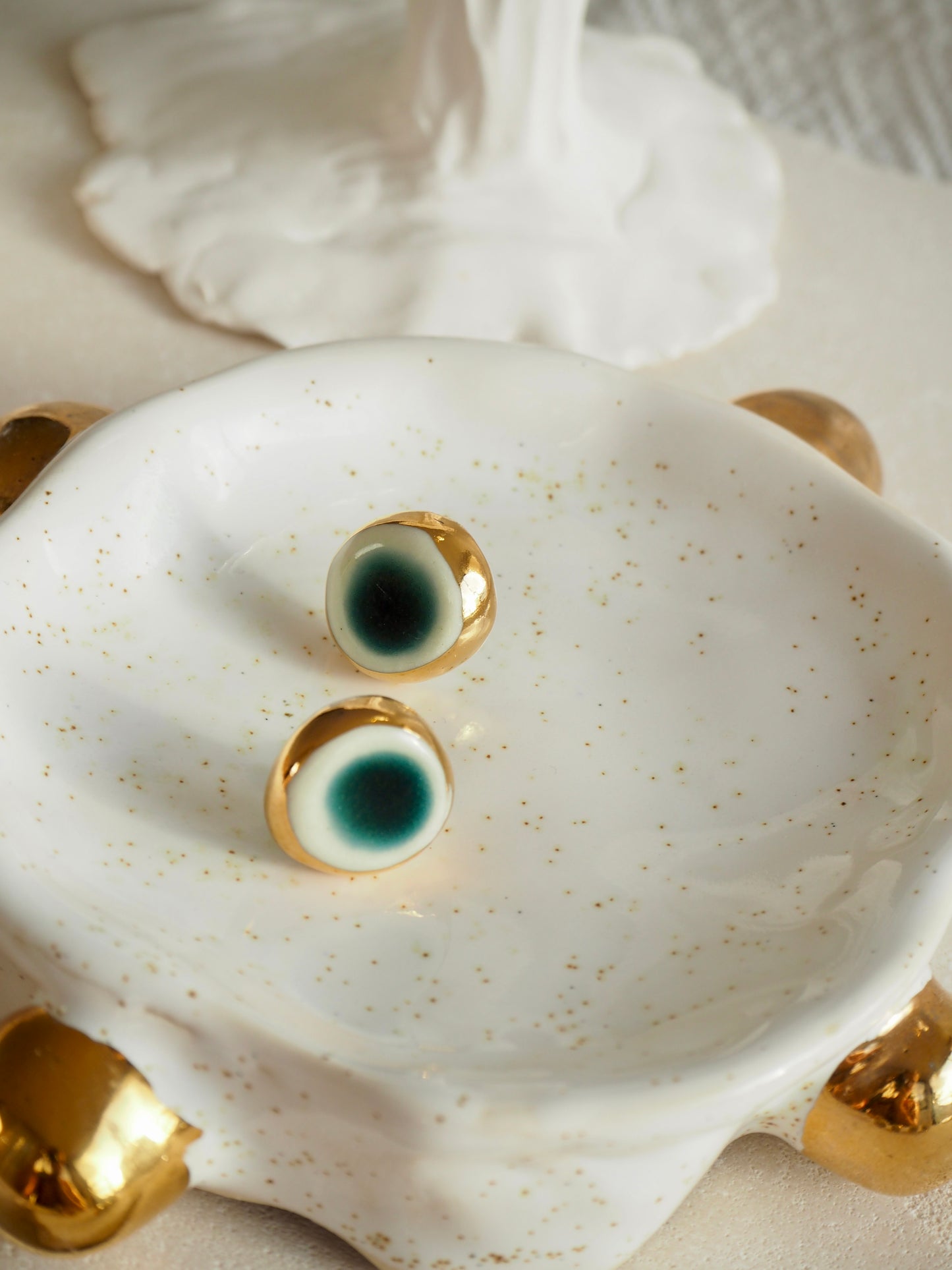 “il Quadrato’s Fontana” Small Handmade Porcelain Studs coloured with Italain Green glossy glaze with 24k Gold lustre details