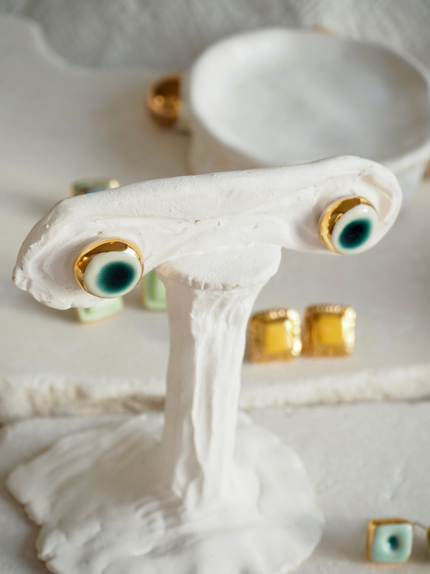 “il Quadrato’s Fontana” Small Handmade Porcelain Studs coloured with Italain Green glossy glaze with 24k Gold lustre details