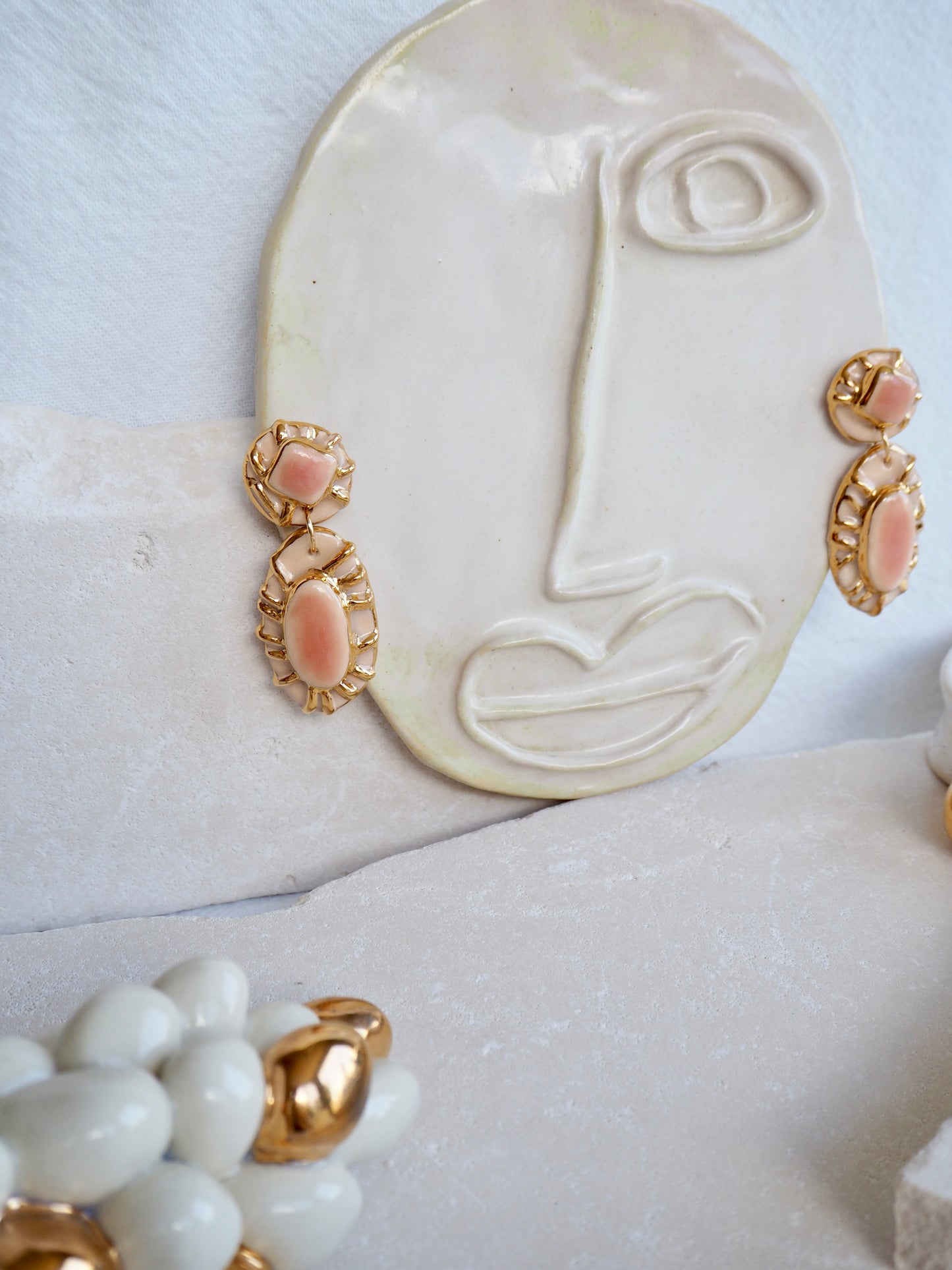 Pietra Collection handmade Porcelain Earrings coloured with Pale Peach glossy glaze with 24k gold lustre details