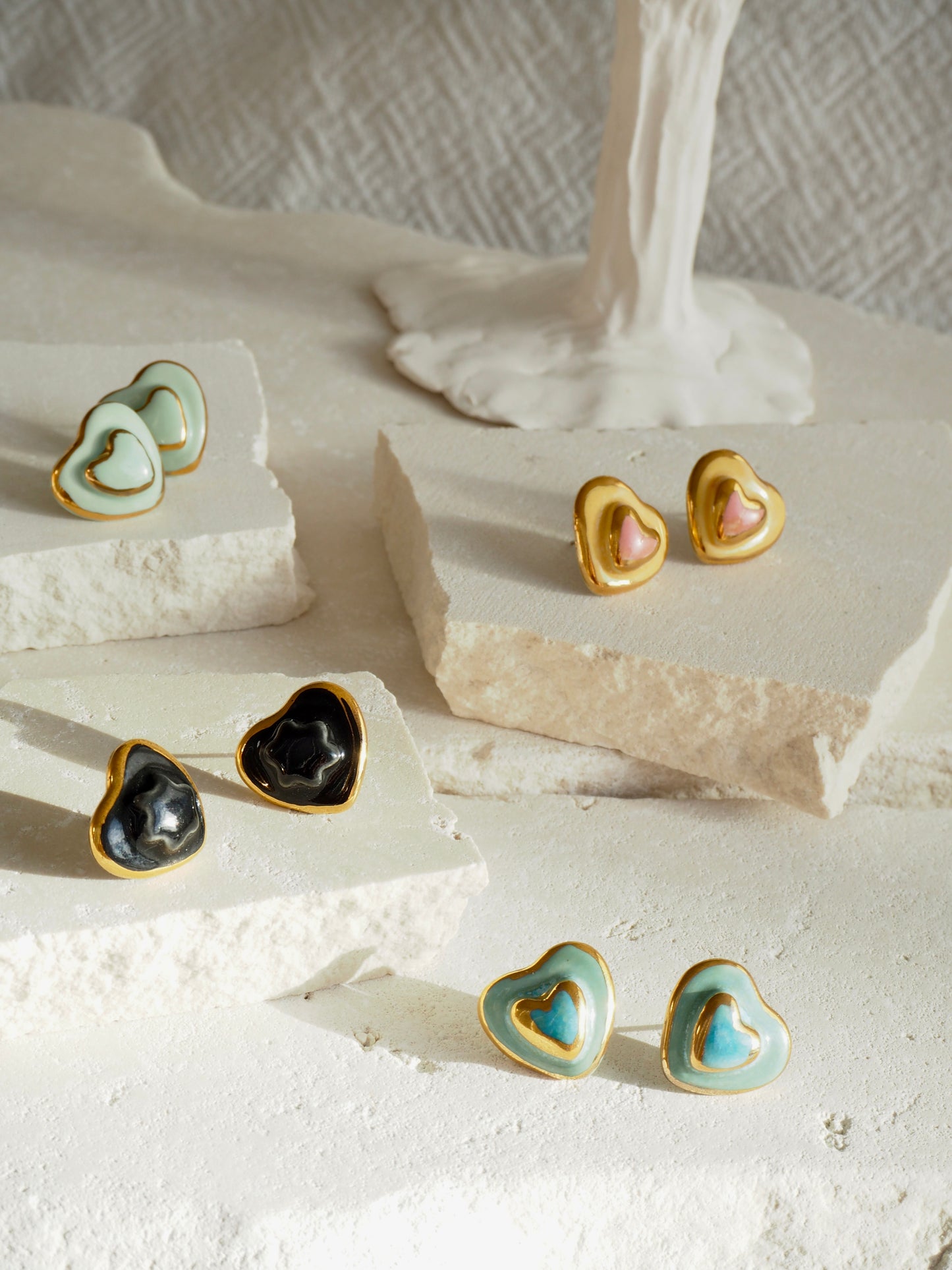 Small Handmade Porcelain Heart Stud coloured with “Black” glossy glazes with 24k Gold lustre details