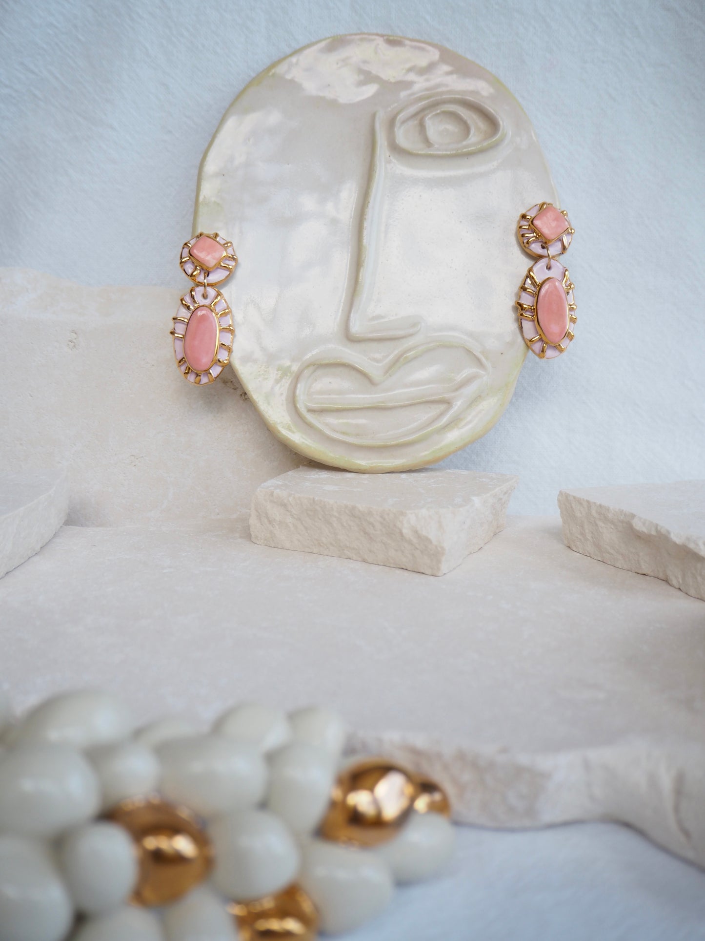 Pietra Collection handmade Porcelain Earrings coloured with Bubble Gum light Pink glossy glaze with 24k gold lustre details
